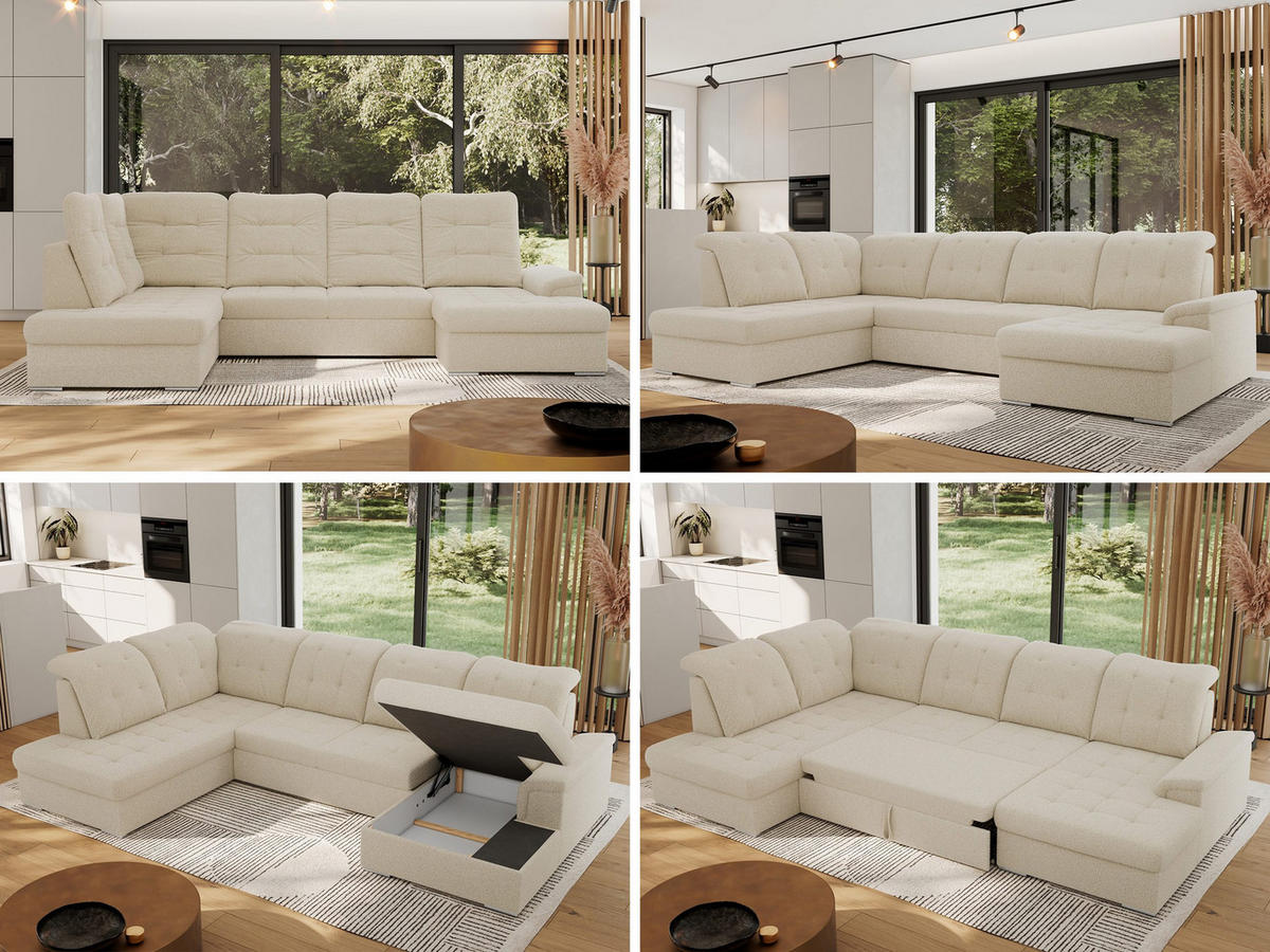 WOHNLANDSCHAFT MADRITO U - Beige Boucle - Links - Beige/Silberfarben, Textil/Metall (204/89/323cm) - MKS