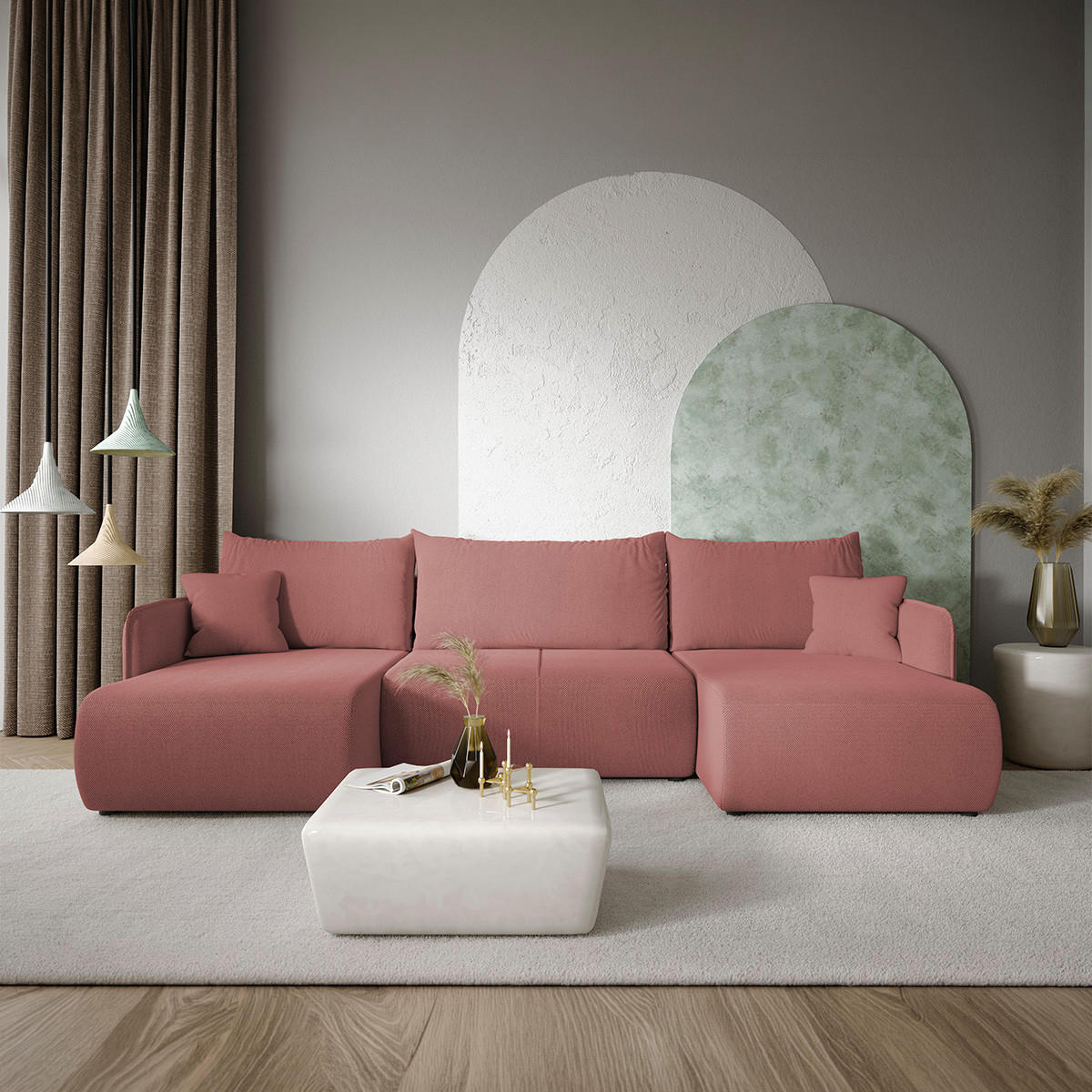 PANORAMASOFA Claudio 5 Sitzplätze Rose - Pink, Holz (290/86/148cm) - Petits-meubles