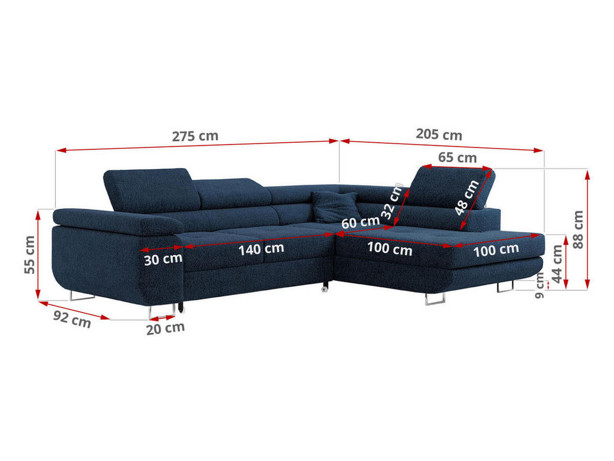 ROHOVÁ SEDAČKA GUSTAW L - Tmavě modrá Bouclé - Pravá Strana - stříbrná/tmavě modrá, kov/textil (205/275cm) - MKS