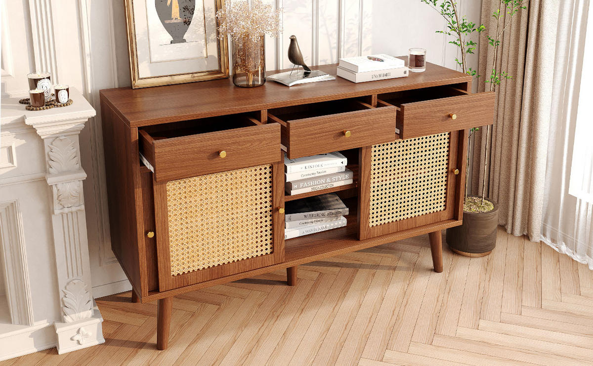 KOMMODE mit 3 Türen, 3 Schubladen, Rattan-Optik und verstellbaren Einlegeböden, 120 x 40 x 78 cm, Walnuss, MDF - Walnussfarben, Holzwerkstoff (120/78/40cm) - SONNENH