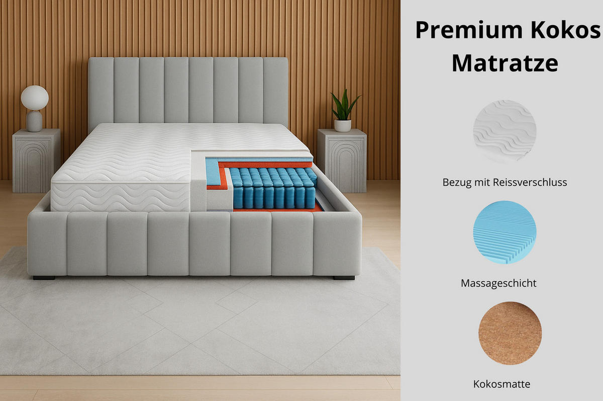 TASCHENFEDERKERNMATRATZE Premium-Kokos 140x200x27 cm, 7 Zonen, Härtegrad H3/H4, Farbe: Aloe Vera, inkl. Bezug - Weiß, Textil (140/200cm) - Marpur