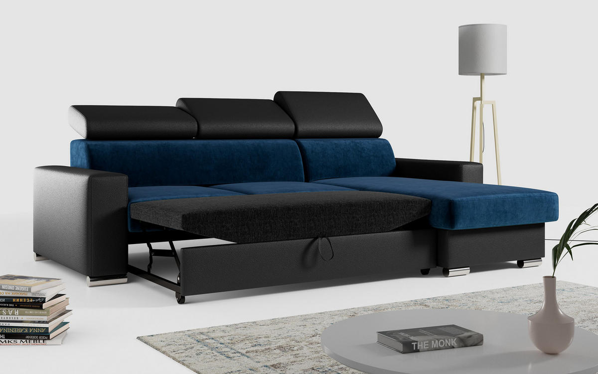 ECKSOFA FOX-L Dunkelblau/Schwarz - Silberfarben/Schwarz, Kunststoff/Textil (242/168cm) - MKS