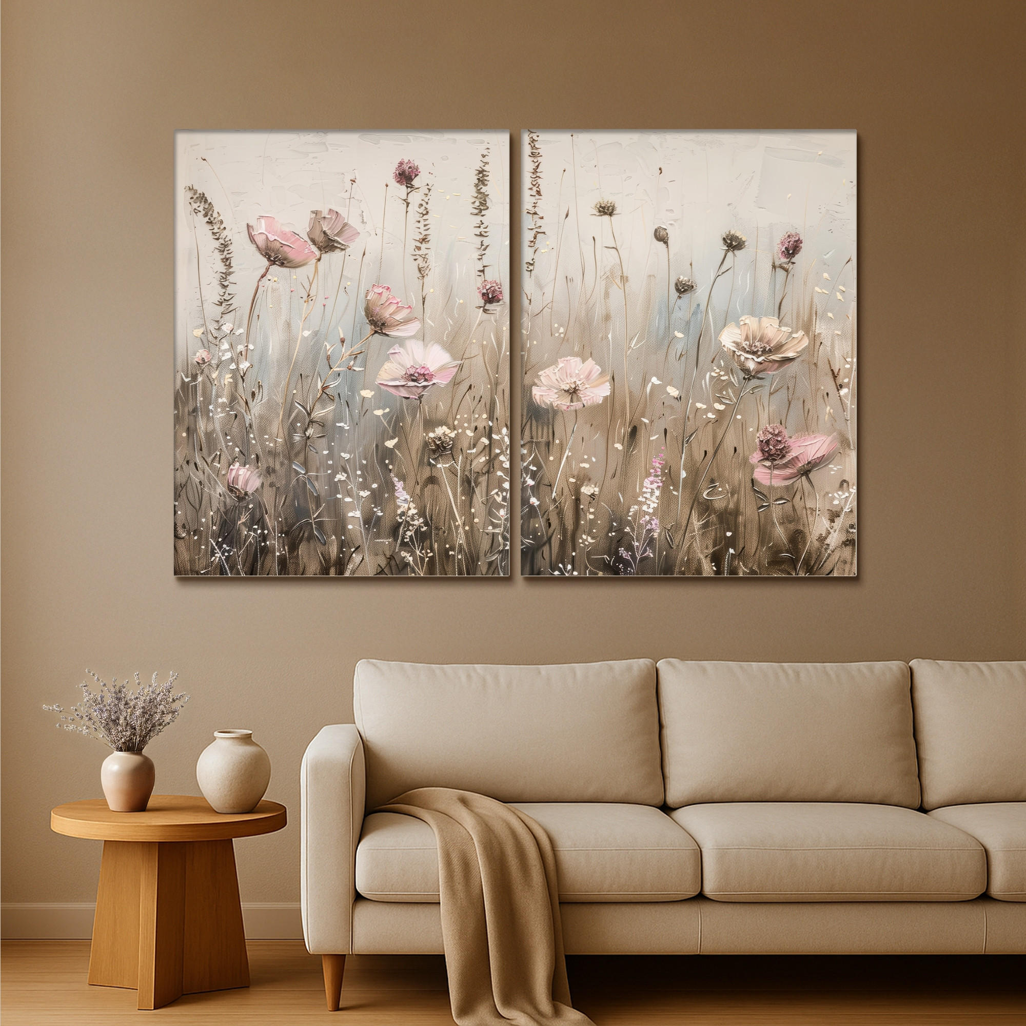 LEINWANDBILD 2er Set Blumen - Beige - Modern - Rosa 180x120 cm - Ecru, Textil (180/120cm) - MuchoWow