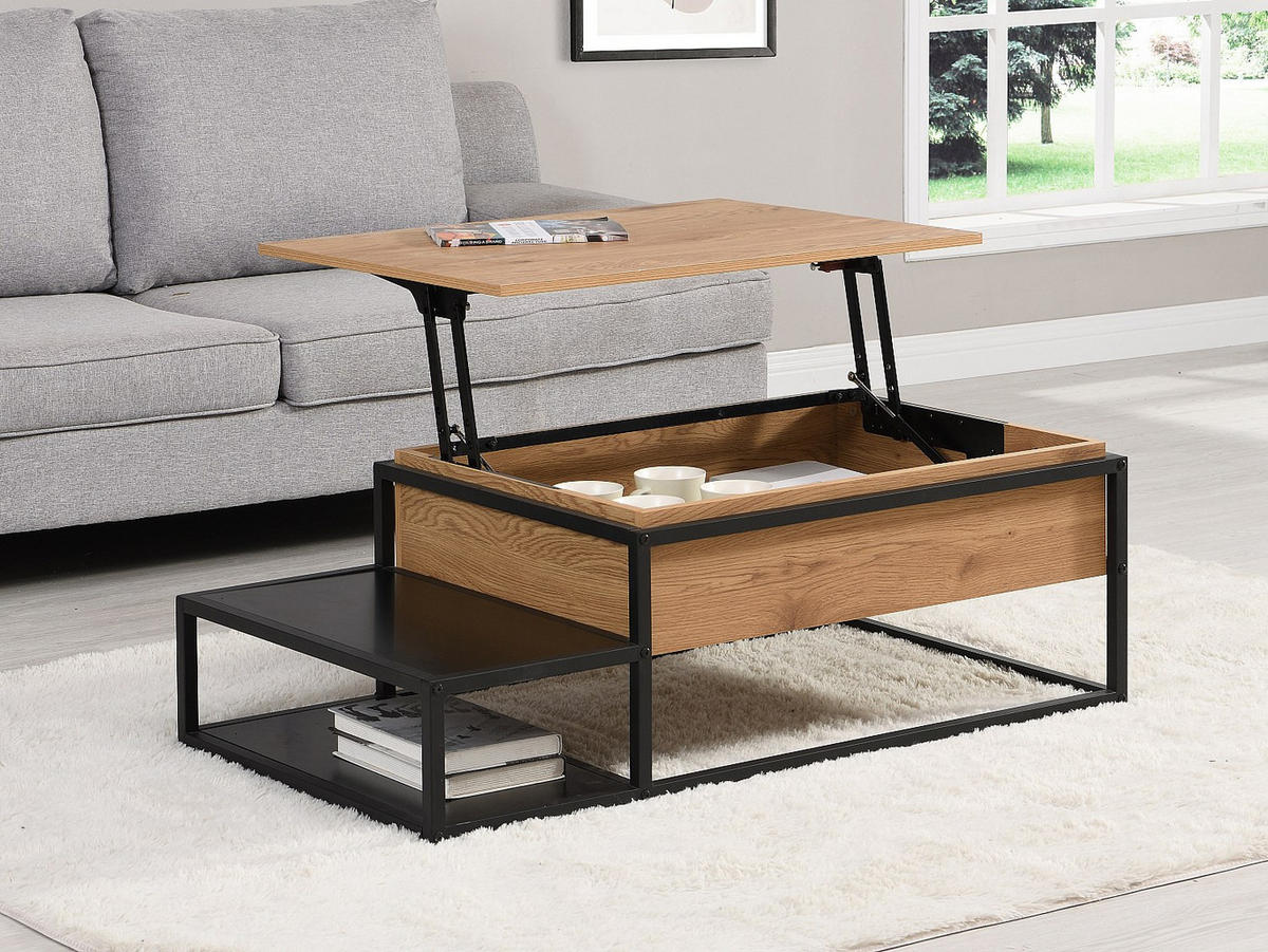 COUCHTISCH höhenverstellbar - MDF & Metall - Naturfarben & Schwarz - LUTESA - Hellbraun, Holz (110/60/38cm) - Vente-Unique