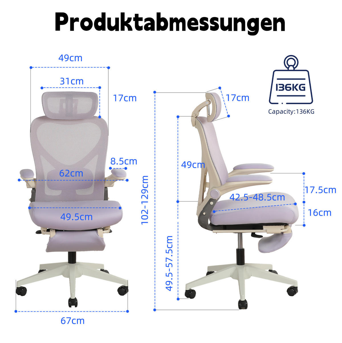 DREHSTUHL 67/67/129 cm violett aus Schaumstoff mit Kopfstütze und Neigefunktion - Lila, Kunststoff (62/129/48.5cm) - OKWISH