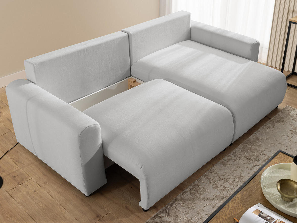 ECKSOFA Calma mit Schlaffunktion und Bettkasten im Bumpy-Design aus weichem Grau Webstoff - Ottomane rechts - Schwarz/Grau, Holz/Kunststoff (140/239cm) - S-Style