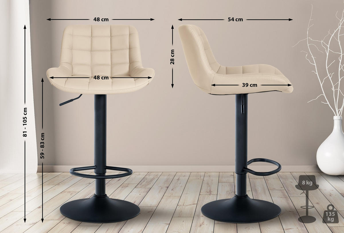 BARHOCKER 2er Set Lederlook creme - Creme/Schwarz, Textil/Metall (48/81/54cm) - CLP