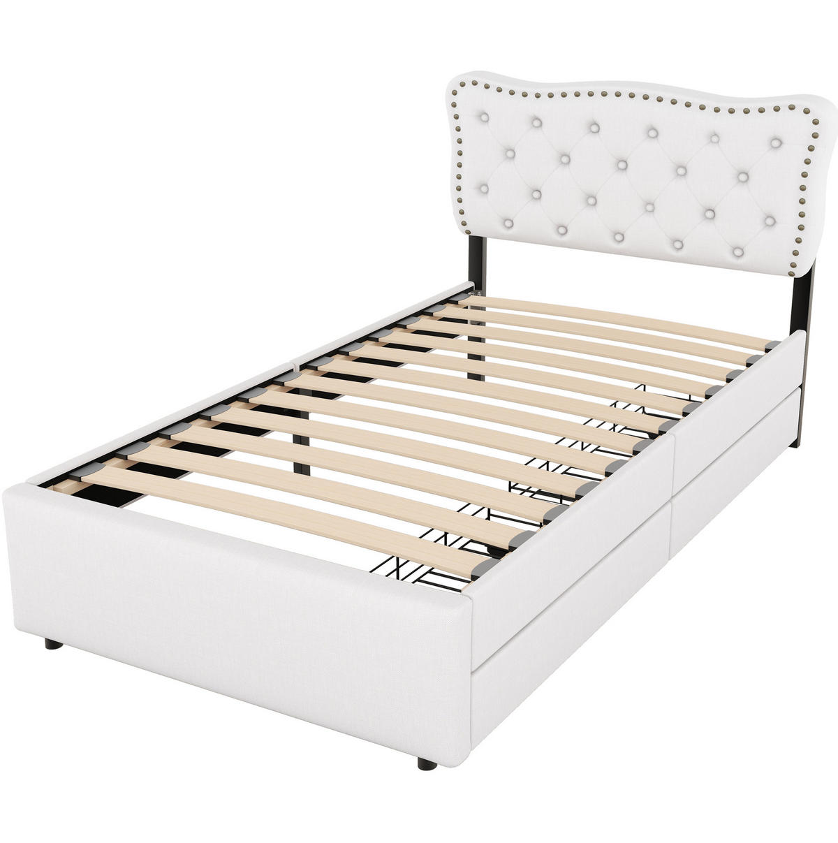 POLSTERBETT 90/200 cm mit 2 Schubladen und gepolstertem Kopfteil, Hellbeige - Beige, Textil (90/200cm) - BEAOK