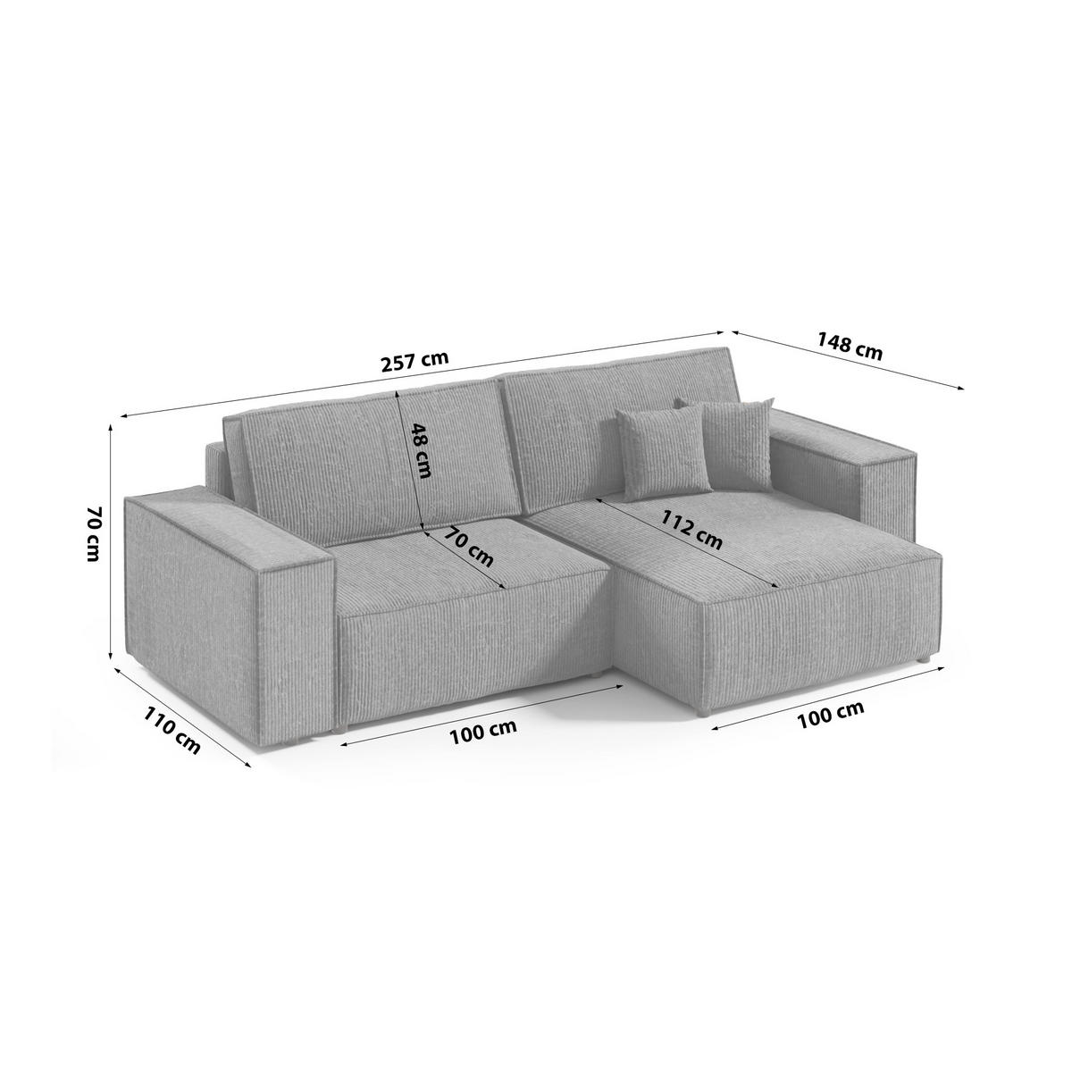 ECKSOFA Schlaffunktion Bento mini Dunkelgrau (Poso 60) - Dunkelgrau, Textil (148/257cm) - Meblito