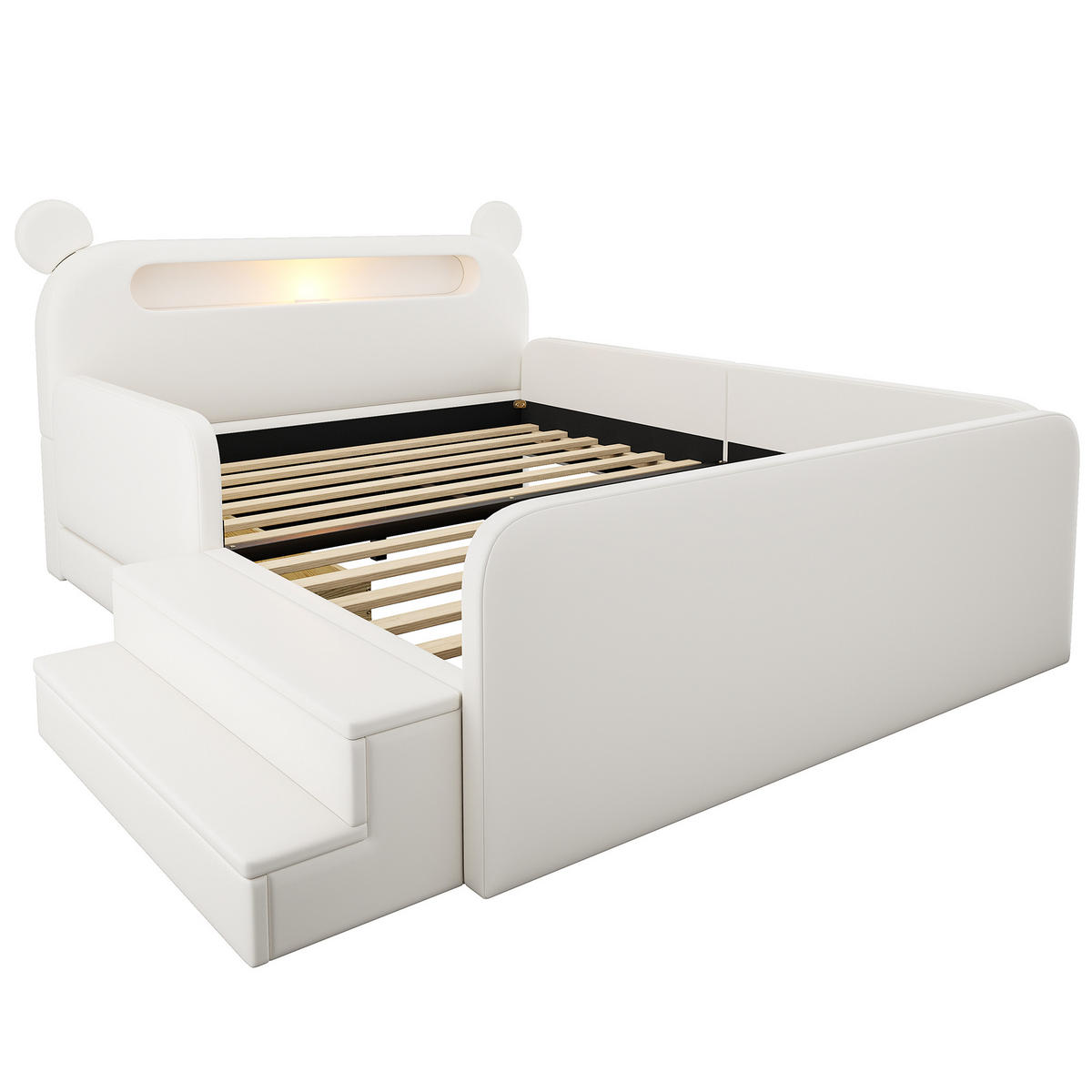 KINDER POLSTERBETT 140x200 Bär Kopfteil USB Stauraum Nachtlicht Weiß - Weiß, Holzwerkstoff (140/200cm) - FLIEKS