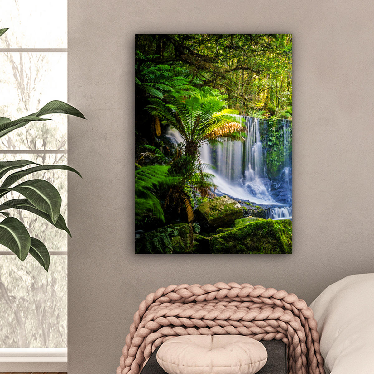 LEINWANDBILD Dschungel - Wasserfall - Australien - Pflanzen - Natur Wandbild Wohnzimmer 60x80 cm - Dunkelgrün, Textil (60/80cm) - MuchoWow