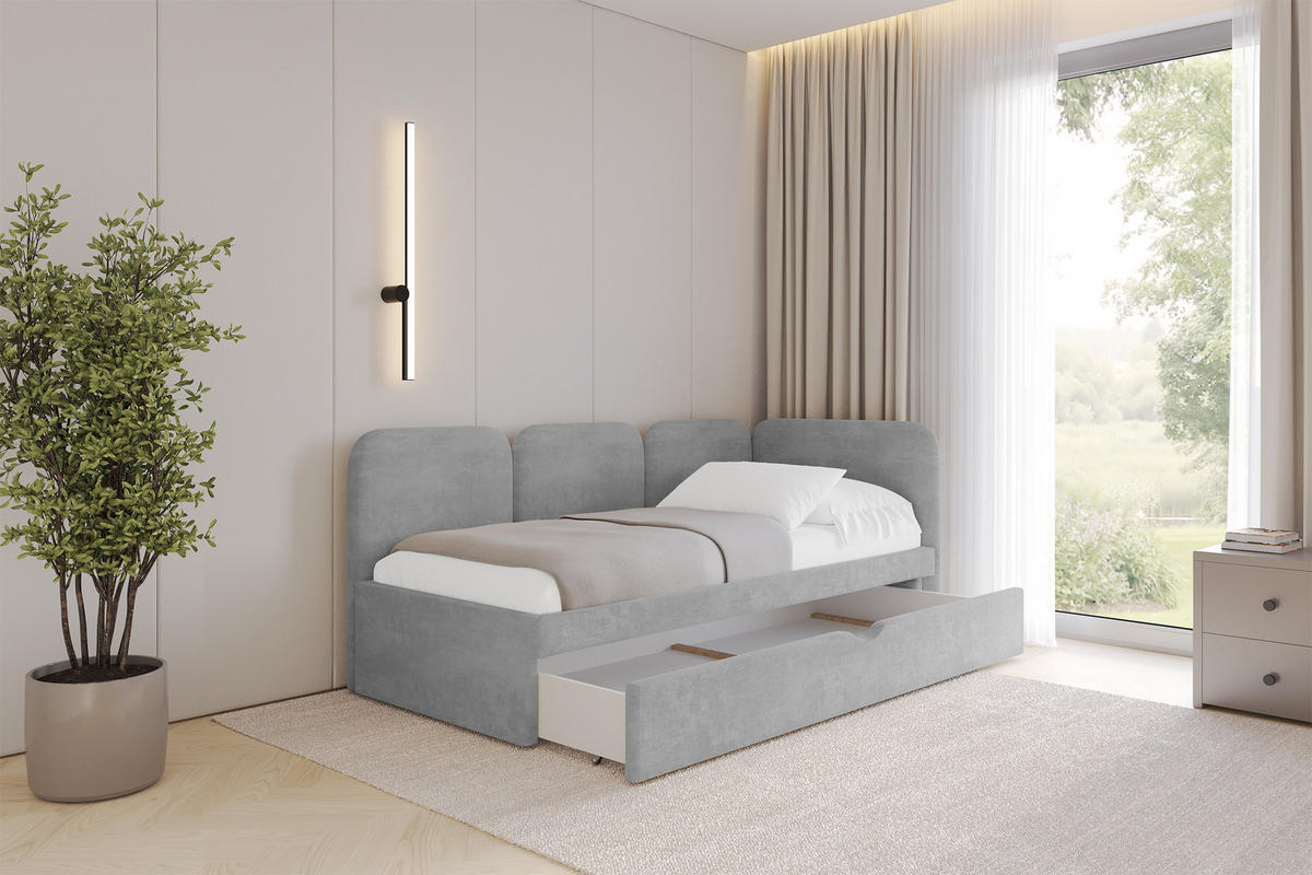 EINZELLBETT Jugendbett mit Bettkasten, Links - ALVY 100x200 Grau - Hellgrau, Holzwerkstoff/Textil (100/200cm) - ALTDECOR