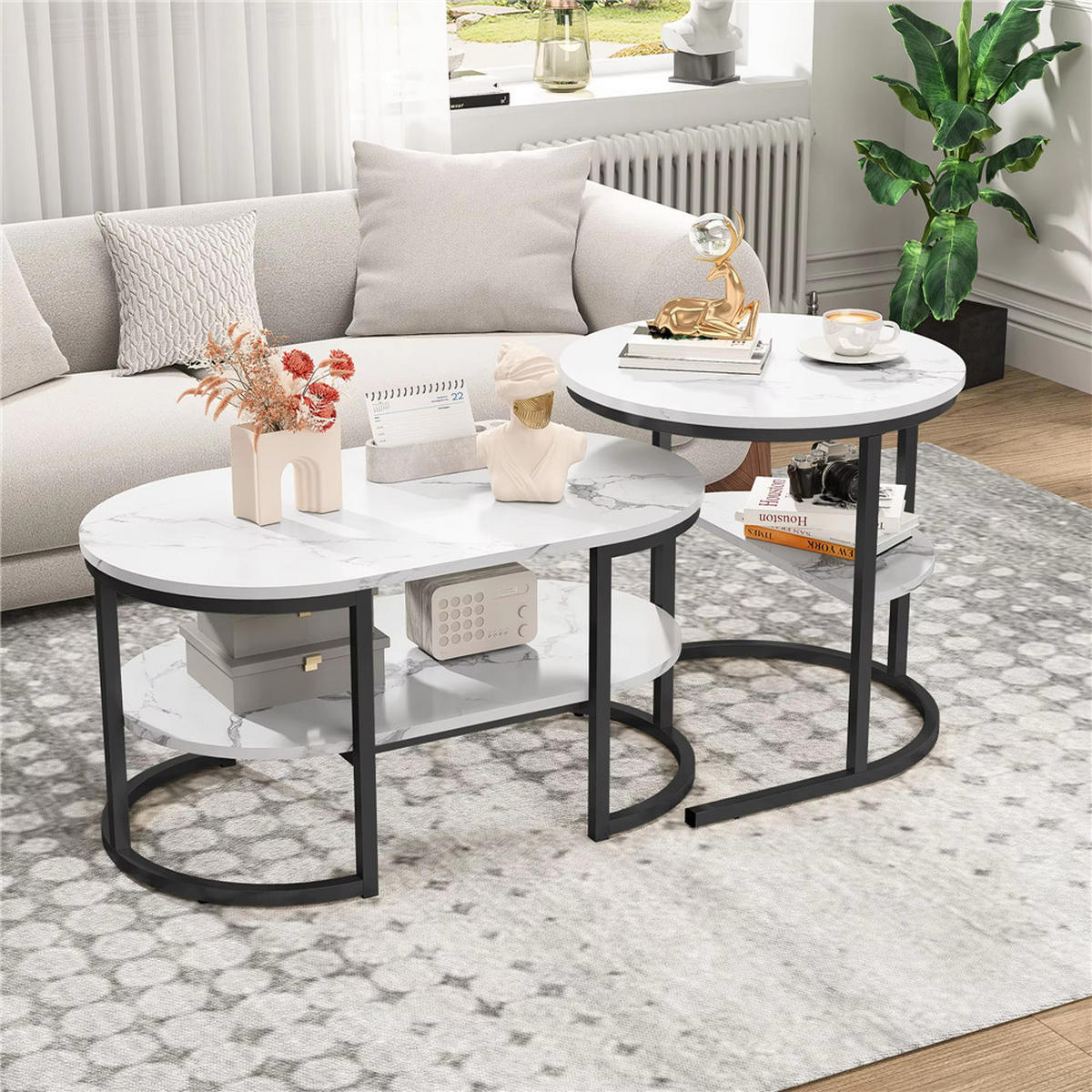 COUCHTISCH 2er-Set Marmoroptik mit Ablage Schwarz oval modern - Schwarz, Metall (52/52/51cm) - Kaket