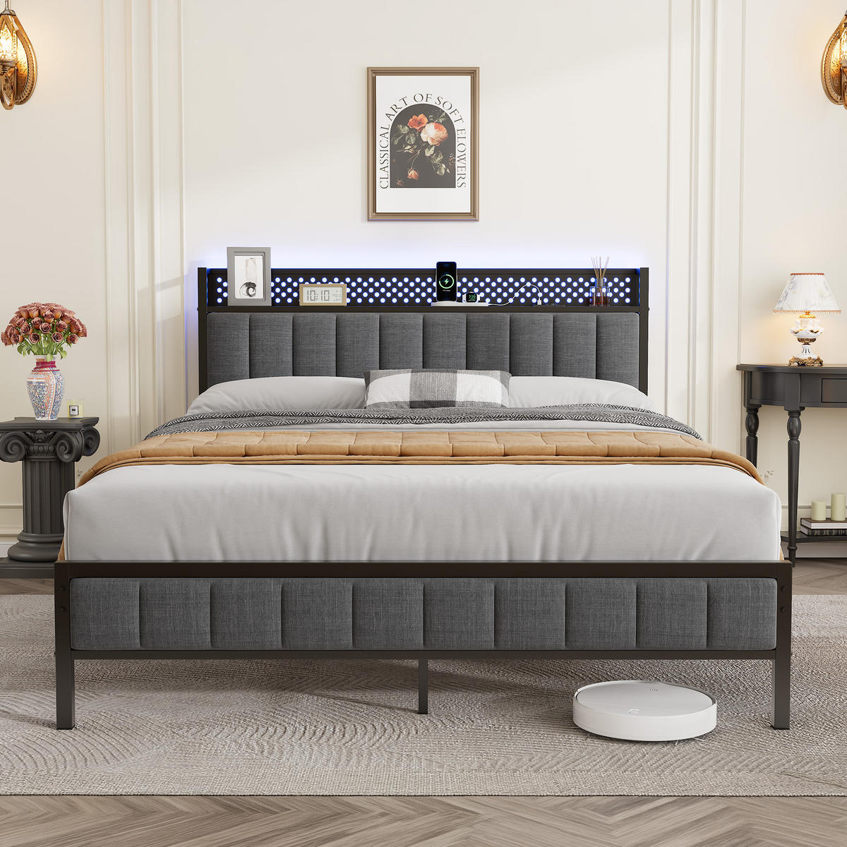 METALLBETT 140/200 cm in Schwarz mit gepolstertem Kopfteil, LED und USB - Schwarz, Holzwerkstoff/Textil (140/200cm) - CHICFURN