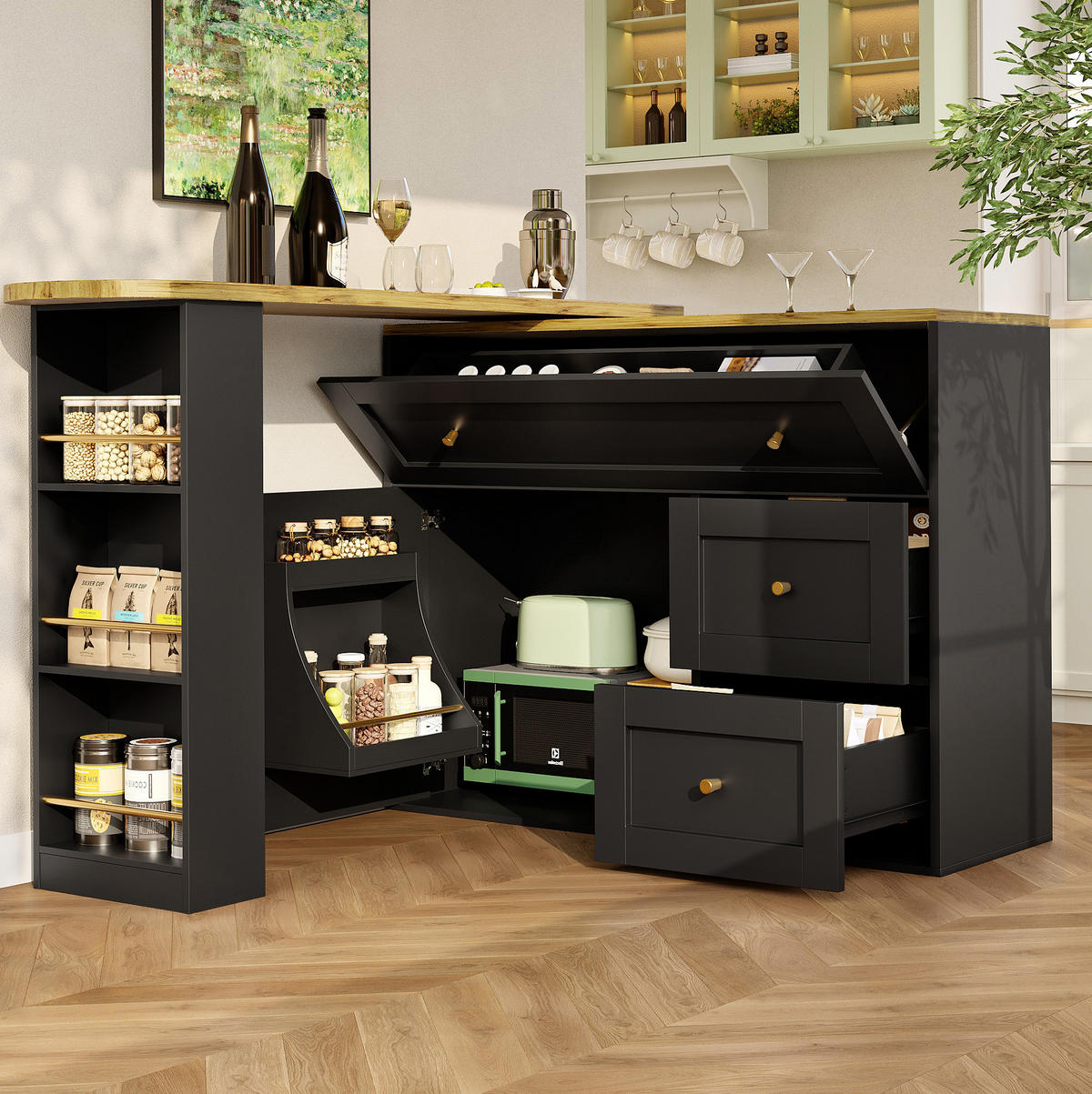 BARTISCH 138-204/39/105 cm in Schwarz mit Stauraum und drehbarer Tischplatte - Schwarz, Holzwerkstoff (39/204/105cm) - BEAOK