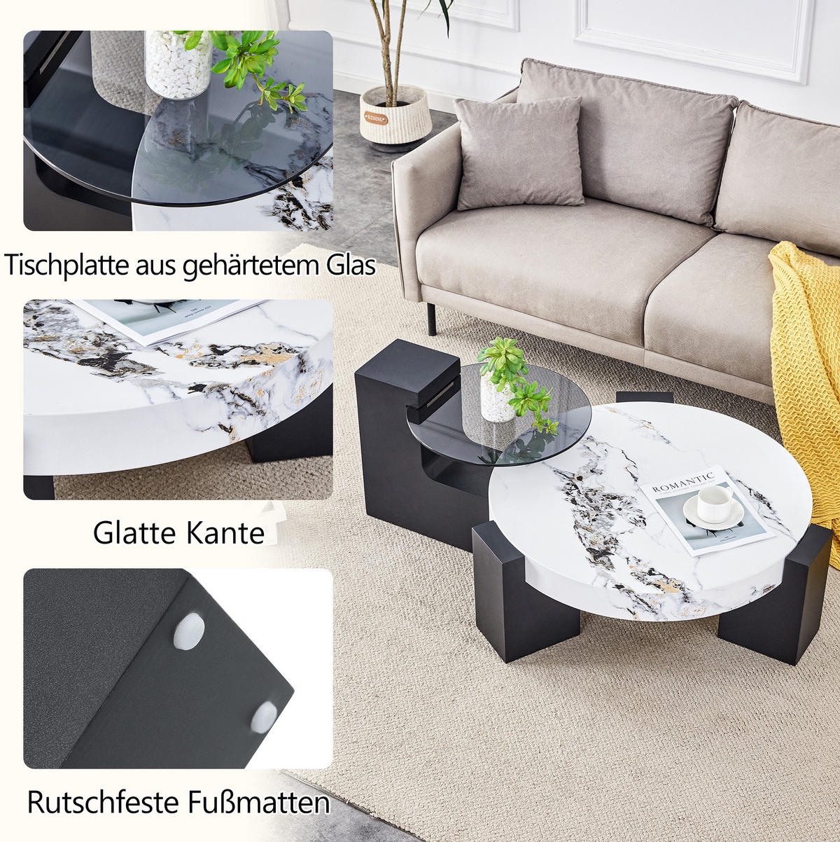 BEISTELLTISCH-SET aus MDF und Glas 61x61x30/44x44x44 cm Weiß/Schwarz zerlegbar mit Marmor-Optik und 2 Ebenen - Schwarz, Holzwerkstoff (61/61/30cm) - Modfu