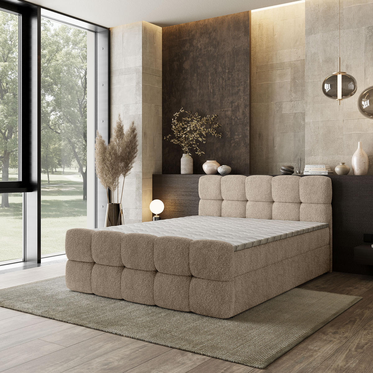 BOXBETT BRUME 180x200 cm mit Matratze und Topper, H2+H3 - Beige - Beige, Holz (180/200cm) - MASSENO