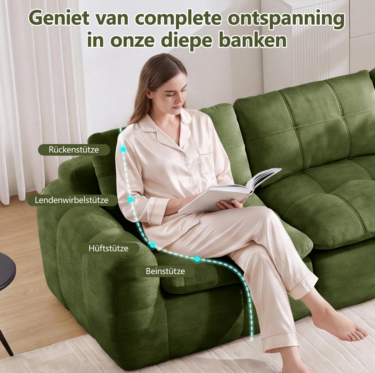 SOFA 264/97/68 cm in Grün aus Chenille, rahmenlos und montagefrei - Grün, Textil (97/68/264cm) - Flora Grace