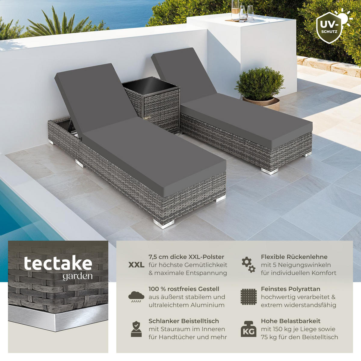 RATTAN-SONNENLIEGEN 2er Set ,wetterfest und UV-beständig,grau - Grau, Kunststoff (60/21/184cm) - tectake