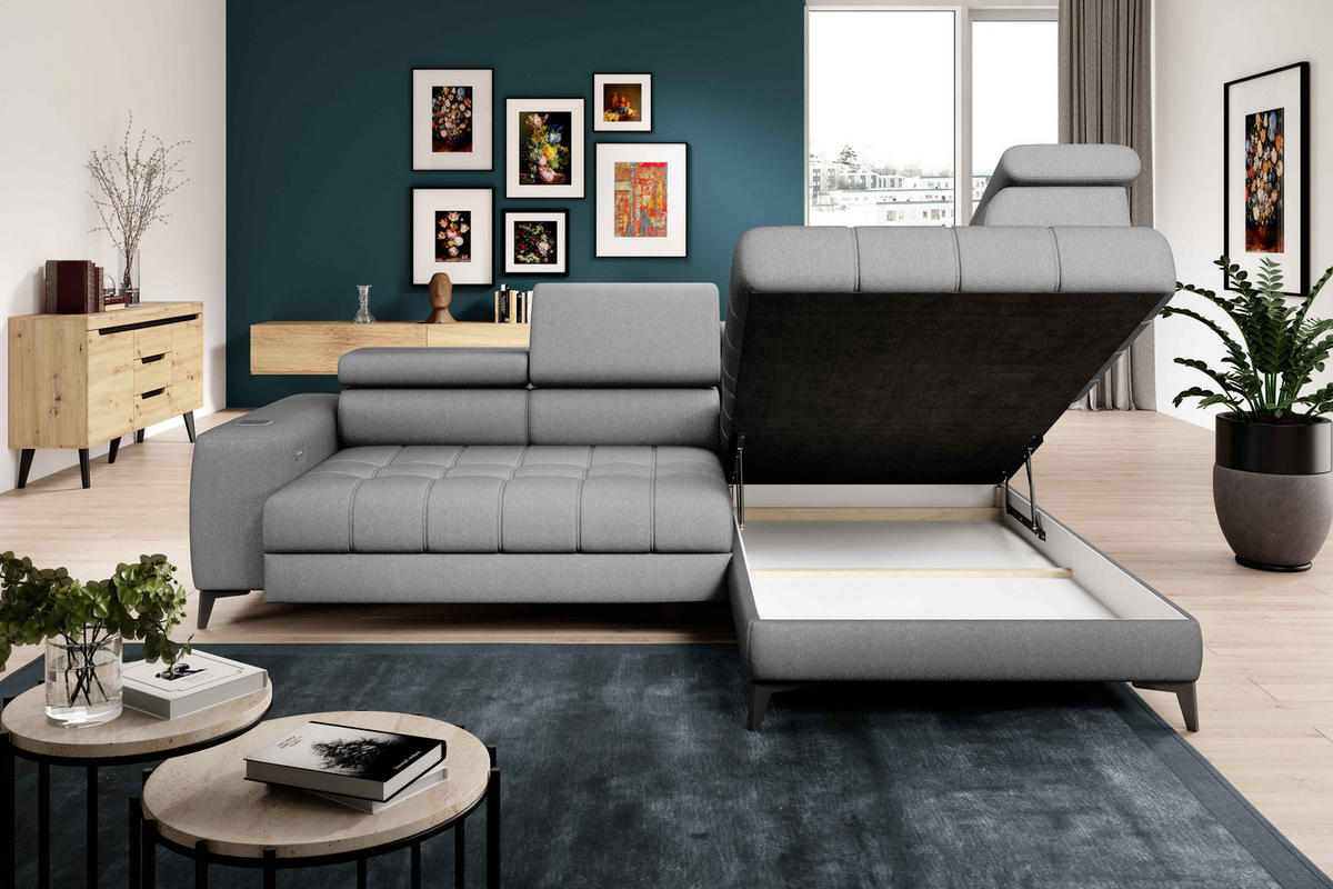 ECKSOFA BAGGIO Letto Stoff, Schlaffunktion, Bettkasten, Sitztiefe, Kopfstützen 280x196cm – Rechts – Grau - Grau, Holz/Textil (280/196cm) - DomoHome