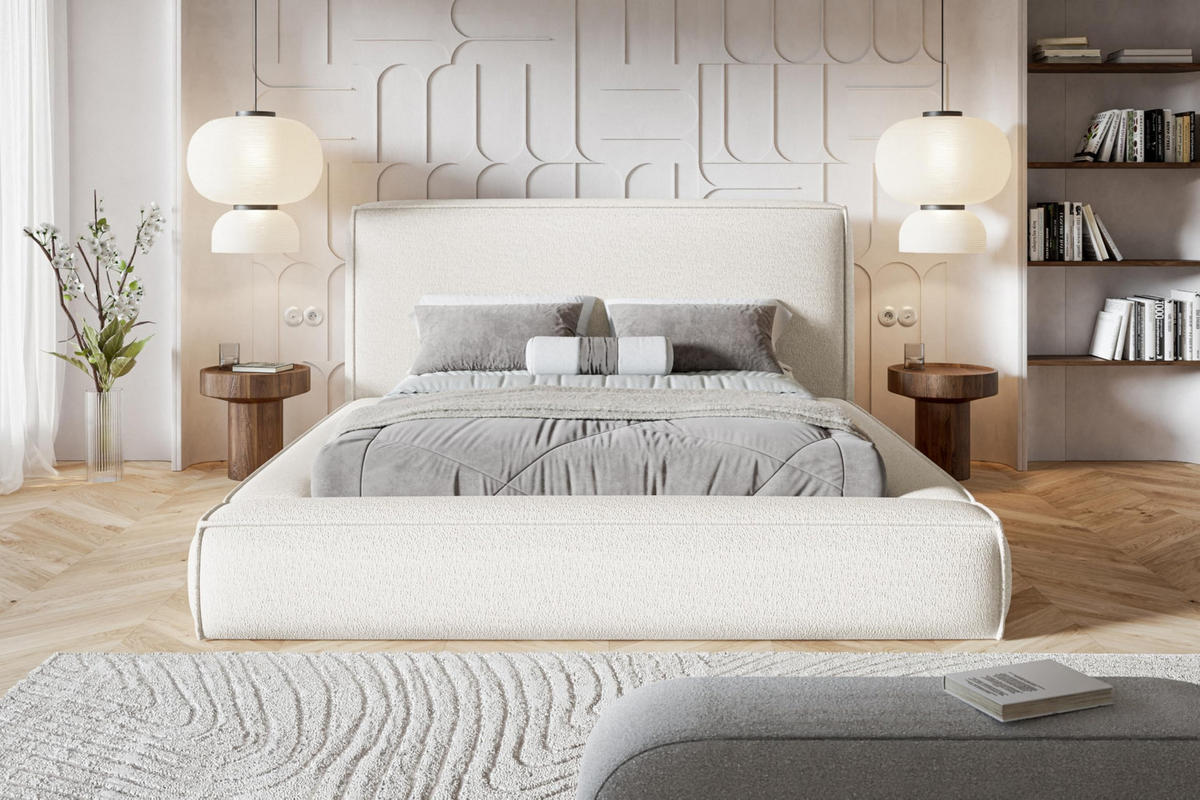 BETT 140x200 - Polsterbett mit Bettkasten und Metallrahmen - Modern Bett - Eleganter Catch-Me-Stoff - Kollektion Luna Maxi - Weiß - Weiß, Holz/Textil (140/200cm) - Alpi-Möbel