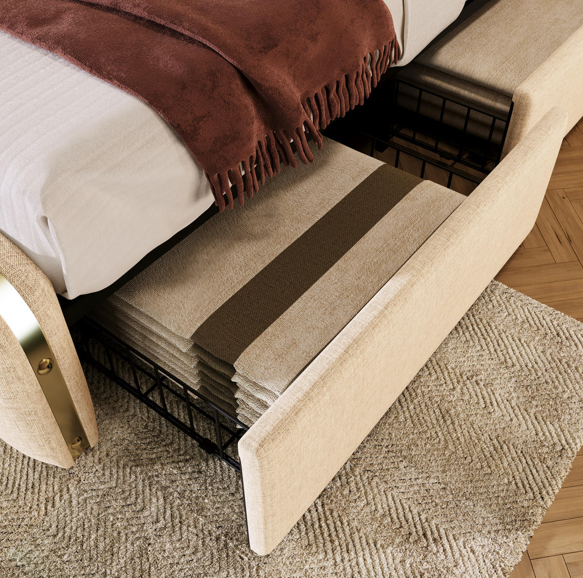 POLSTERBETT 180/200 cm Beige aus Leinen mit 4 Schubladen - Beige, Textil (180/200cm) - OKMYHOME