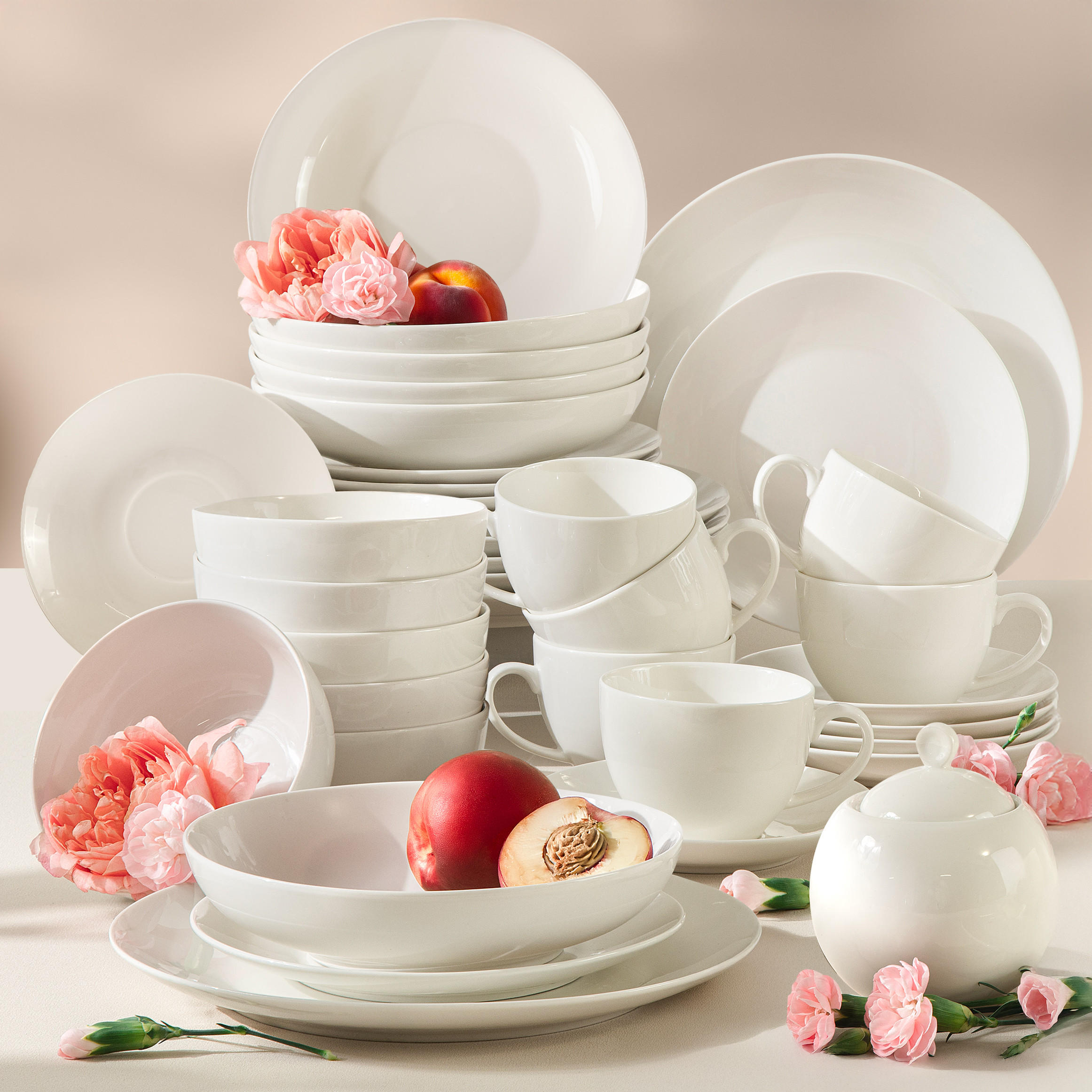 KOMBISERVICE 6 Personen AD BELLA 37-tlg,Porzellan, ecru - Ecru, Keramik (26/2.5/26cm) - KONSIMO®