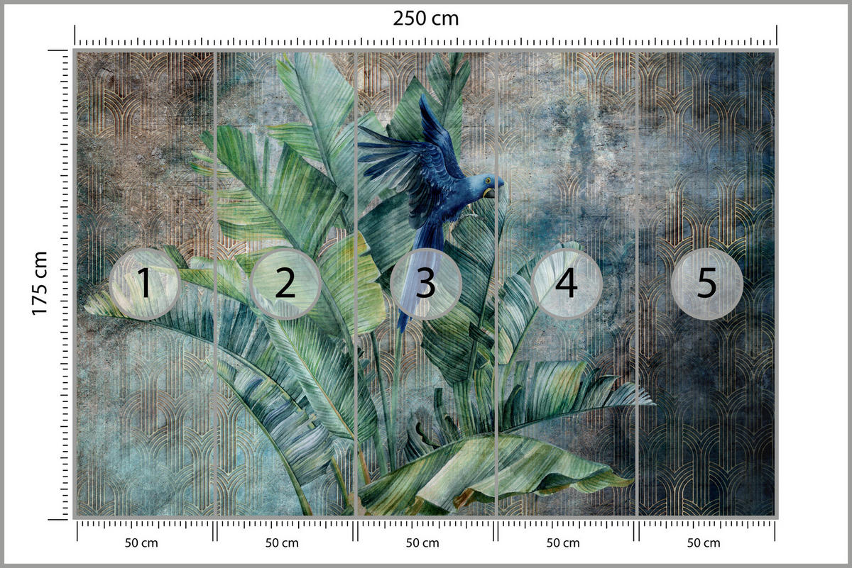 FOTOTAPETA Pre Obývaciu Izbu Retro Papagáj Tropické Listy 250 x 175 cm - hnedá/modrá, papier (250/175cm) - Muralo