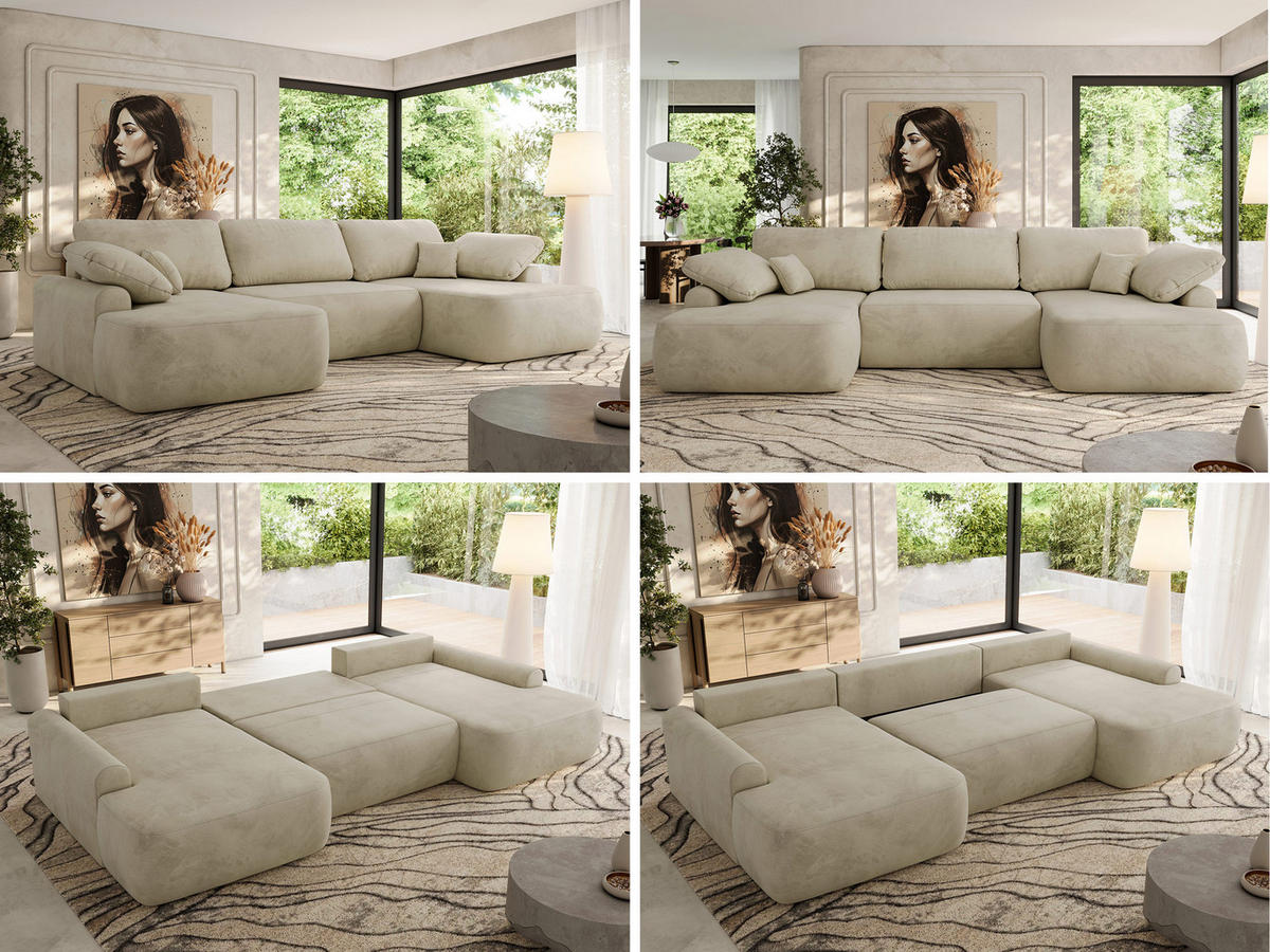 WOHNLANDSCHAFT CUBO U Beige Velvet - Beige/Schwarz, Kunststoff/Textil (370/100/187cm) - MKS