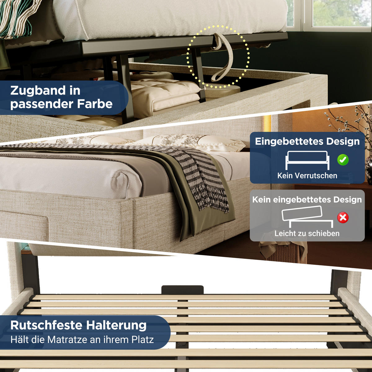 POLSTERBETT 90/200 cm mit LED, USB- und USB-C-Anschluss, hydraulischem Stauraum und Schublade und Matratze, Beige - Beige, Textil (90/200cm) - Redom