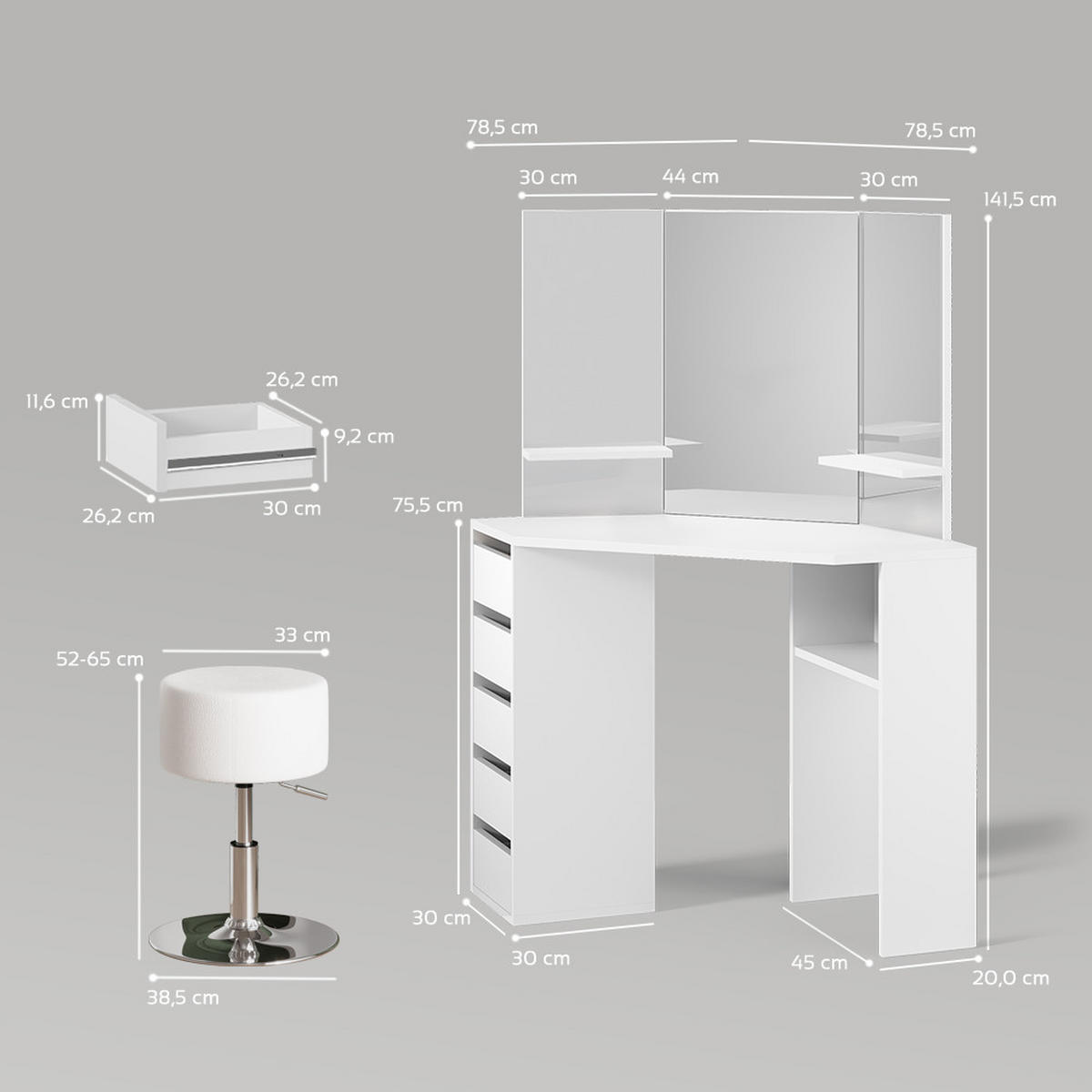 ECKSCHMINKTISCH Enna Weiß 110 cm mit Hocker - Weiß, Holzwerkstoff (110/141.5/54cm) - Livinity®