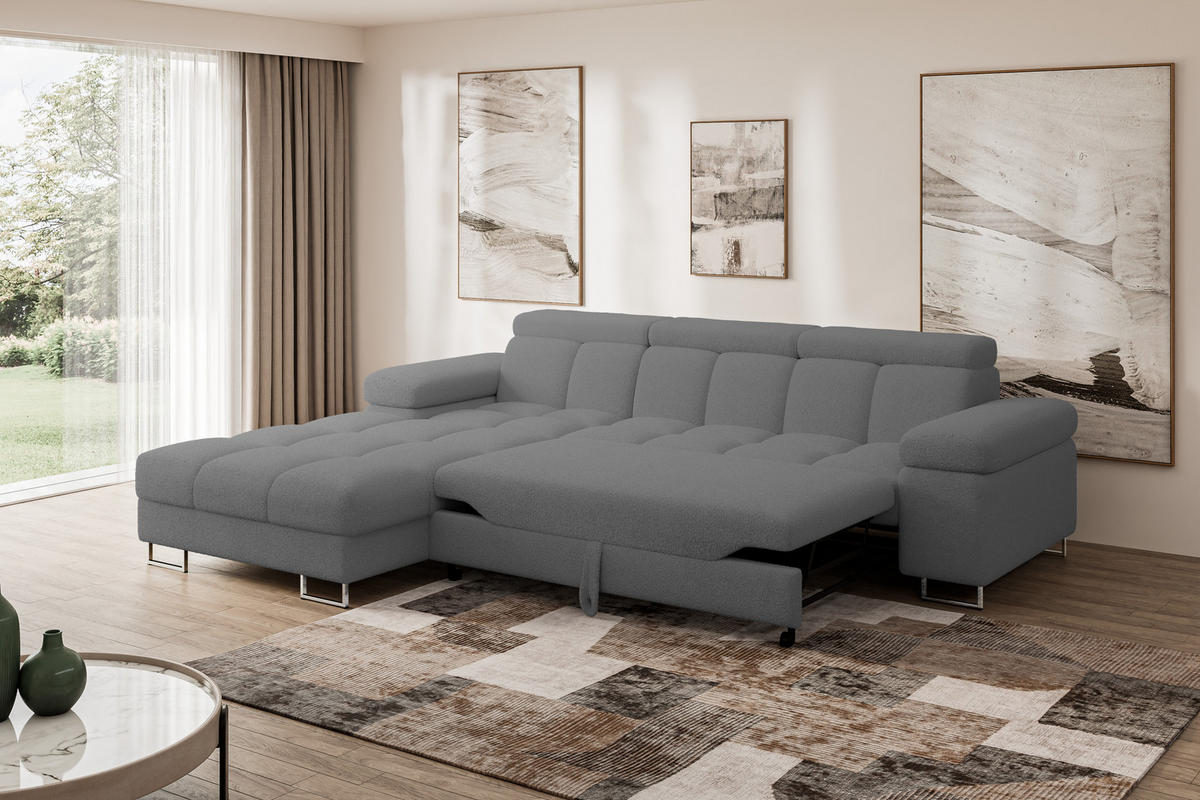 ECKSOFA mit Schlaffunktion Ottomane Links COMA L 271x203x79 Grau Bouclé - Chromfarben, Holzwerkstoff/Textil (271/203cm) - ALTDECOR