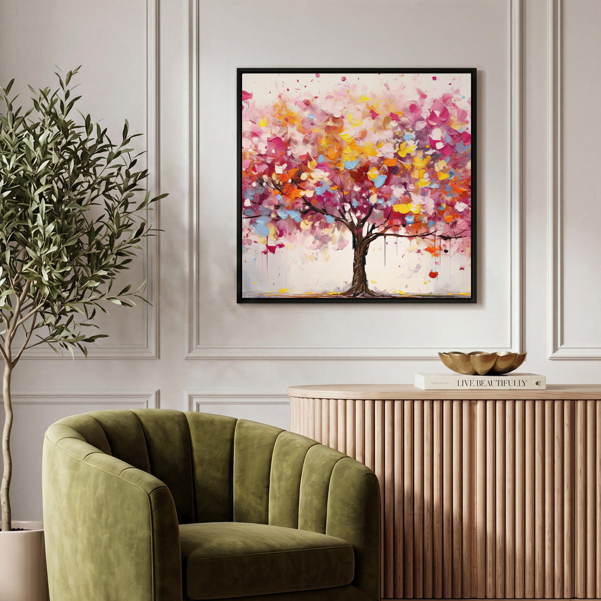 LEINWAND Bilder mit Rahmen - Aquarell - Baum - Kunst - Abstrakt - 50x50 - Multicolor, Textil (50/50cm) - MuchoWow