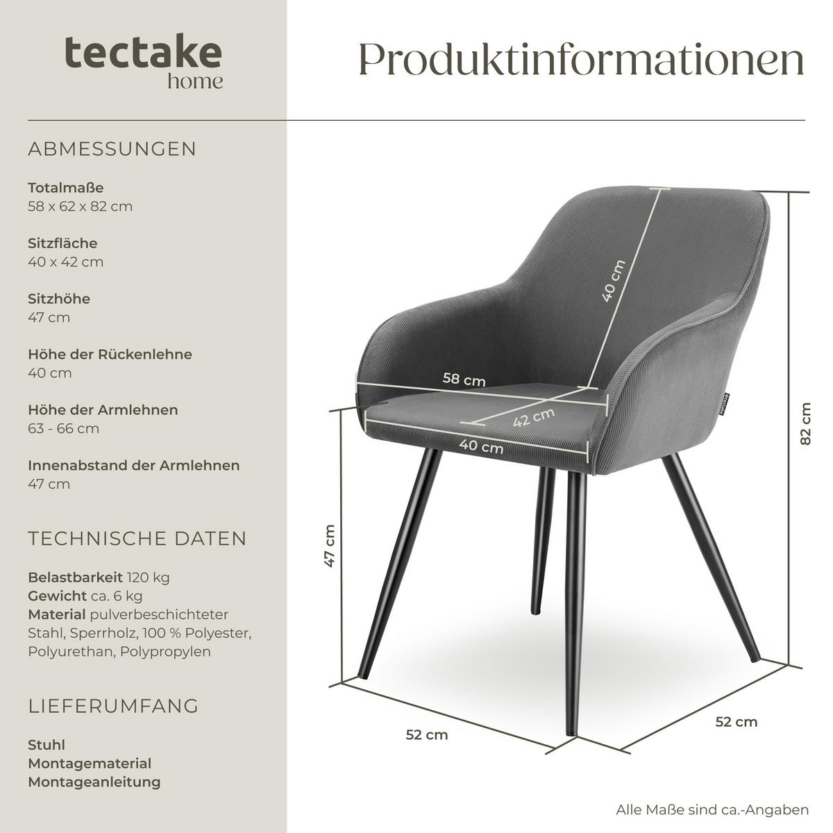 ESSZIMMERSTUHL 1er Set Marilyn 58 x 62 x 82 cm grau/schwarz - Schwarz/Grau, Kunststoff (62/82/58cm) - tectake