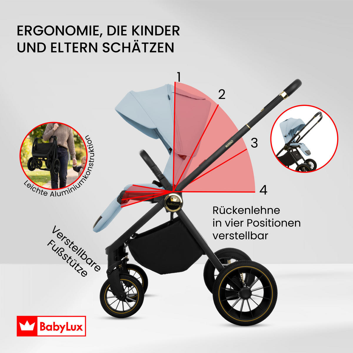 KINDERWAGEN Rosso 2in1 Blau Babywanne, Buggy Sportsitz, Faltbar, Wickeltasche - Blau/Schwarz, Textil/Metall (58/100cm) - BabyLux
