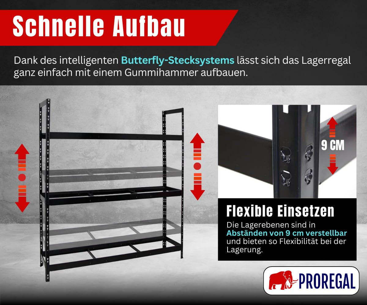 REIFENREGAL Tiger XL 200x180x45 cm 300 kg Fachlast bis zu 21 Reifen auf 3 Ebenen Schwarz - Schwarz, Metall (180/200/45cm) - PROREGAL