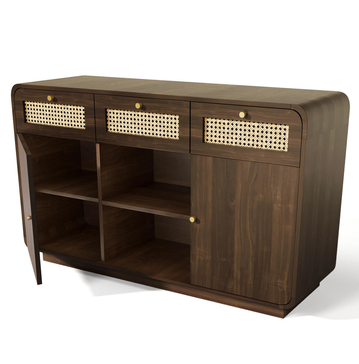 KOMODA z MDF a dřevotřísky 120x40x85 cm ořechová se 3 zásuvkami, 2 skříňkami a otevřenou policí s ratanem - barva vlašského ořechu, kompozitní dřevo (120/85/40cm) - Modfu