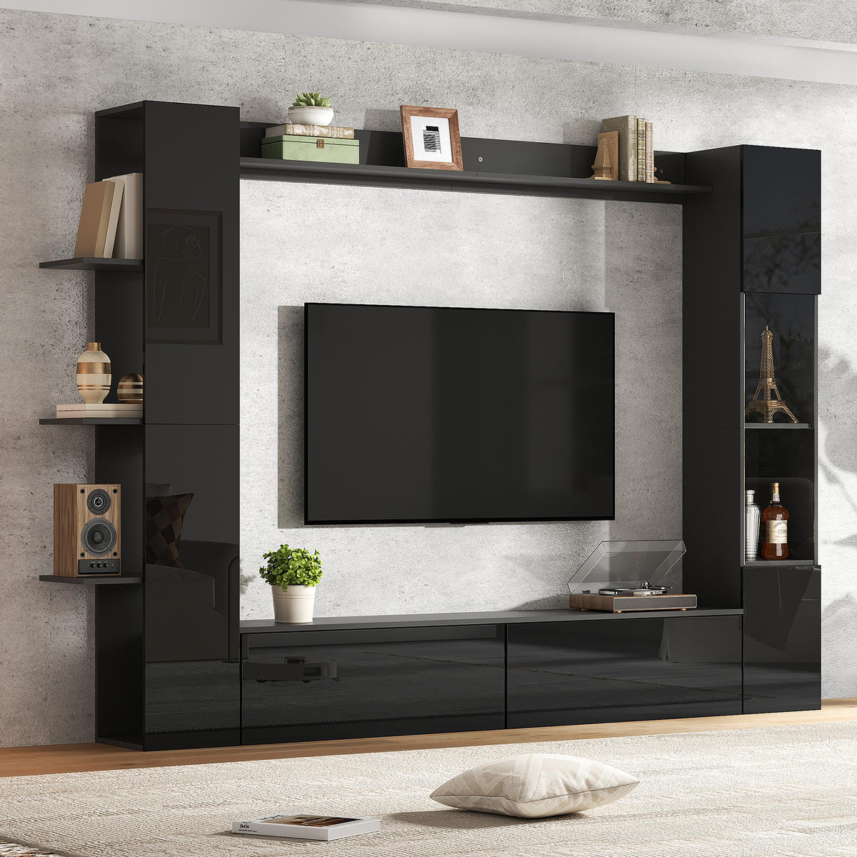 TV-ELEMENT 245/30/170 cm Schwarz mit Türanschlag wechselbar und Stauraum (4 Stück) - Schwarz, Holz (245/170/30cm) - Oxeza