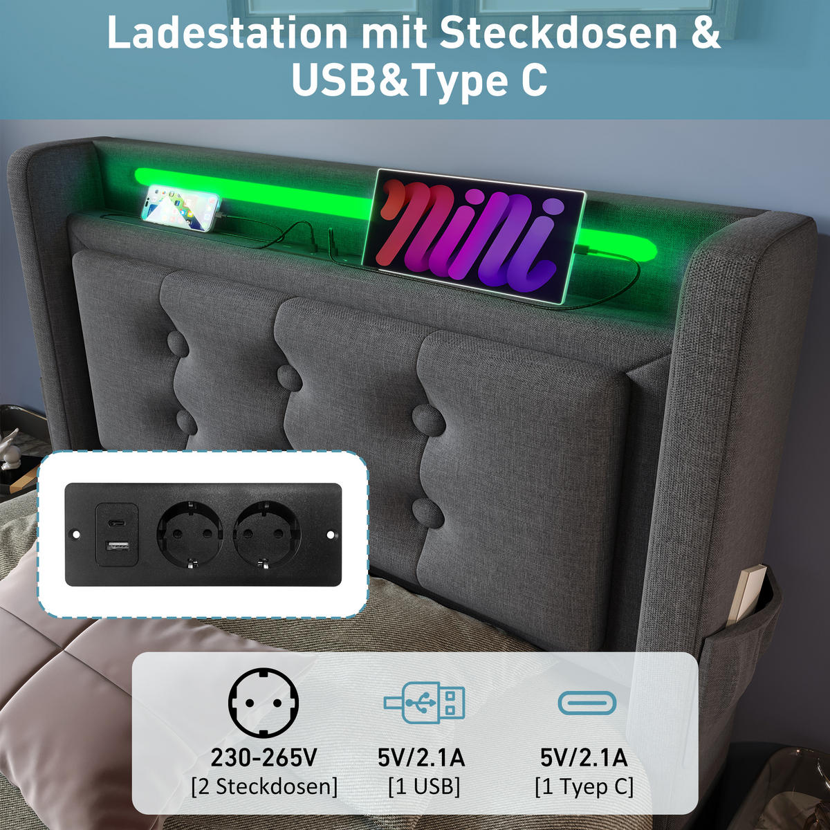 POLSTERBETT 90/200 cm Grau mit Led-Kopfteil und USB C Ladefunktion (Ohne Matratze) - Grau, Textil (90/200cm) - Oxeza