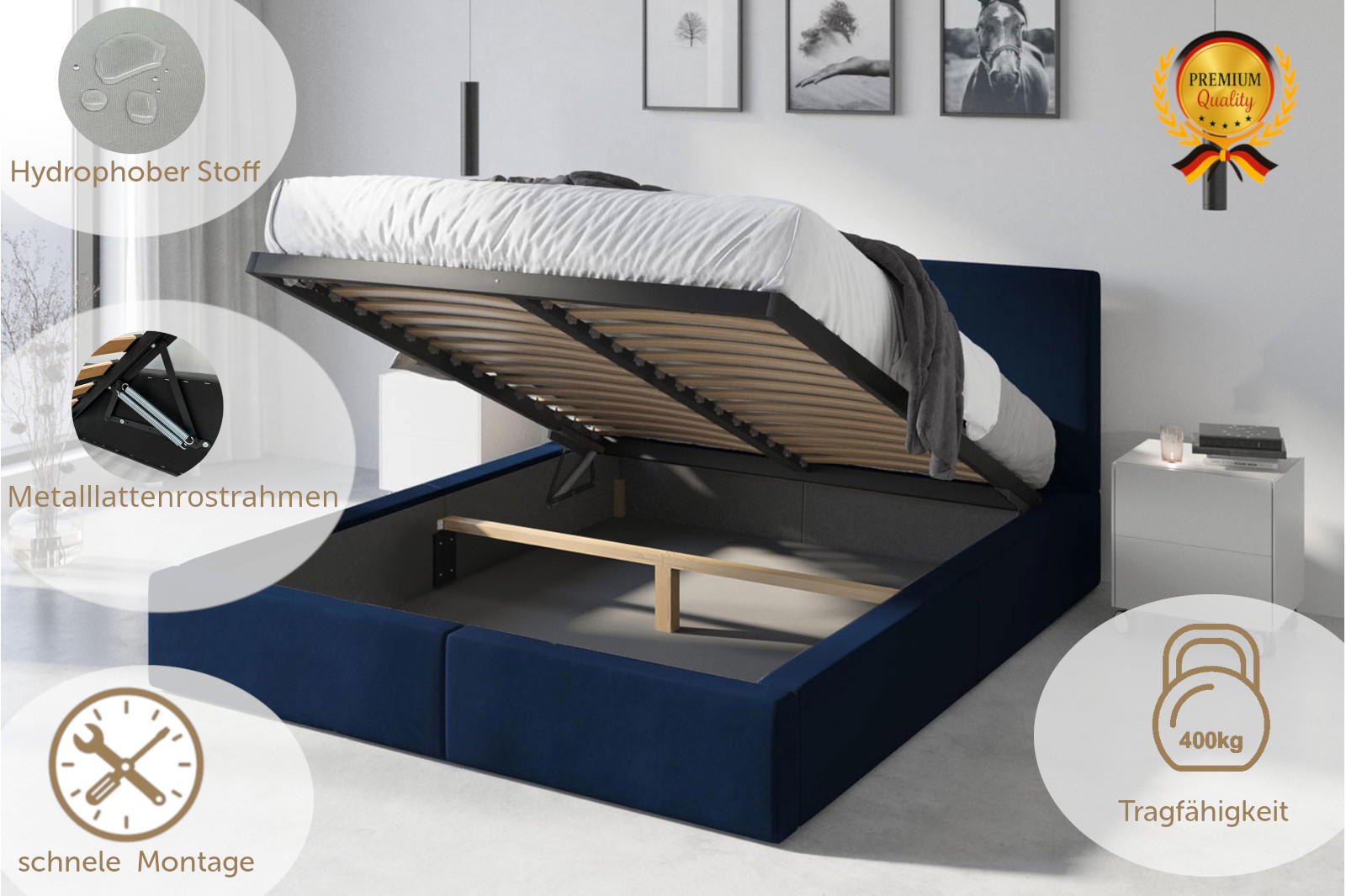 POLSTERBETT Hilton mit Stauraum - Dunkelblau, Textil/Metall (140/200cm) - Interbeds