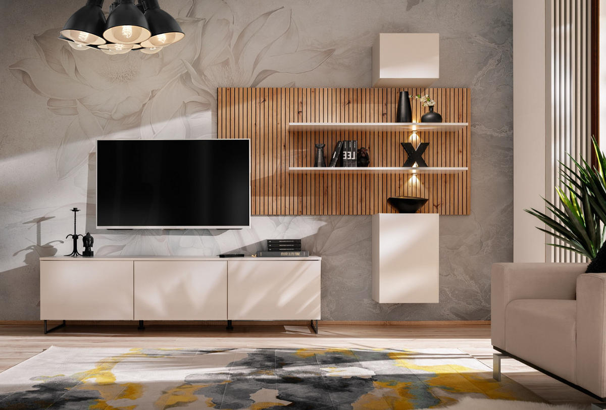 WOHNWAND 4-teilig Sand matt, Eiche Artisan 280 cm, Schrankwand hängend inklusive LED Beleuchtung - Sandfarben/Schwarz, Holzwerkstoff/Kunststoff (280/200/45cm) - Furn.Design