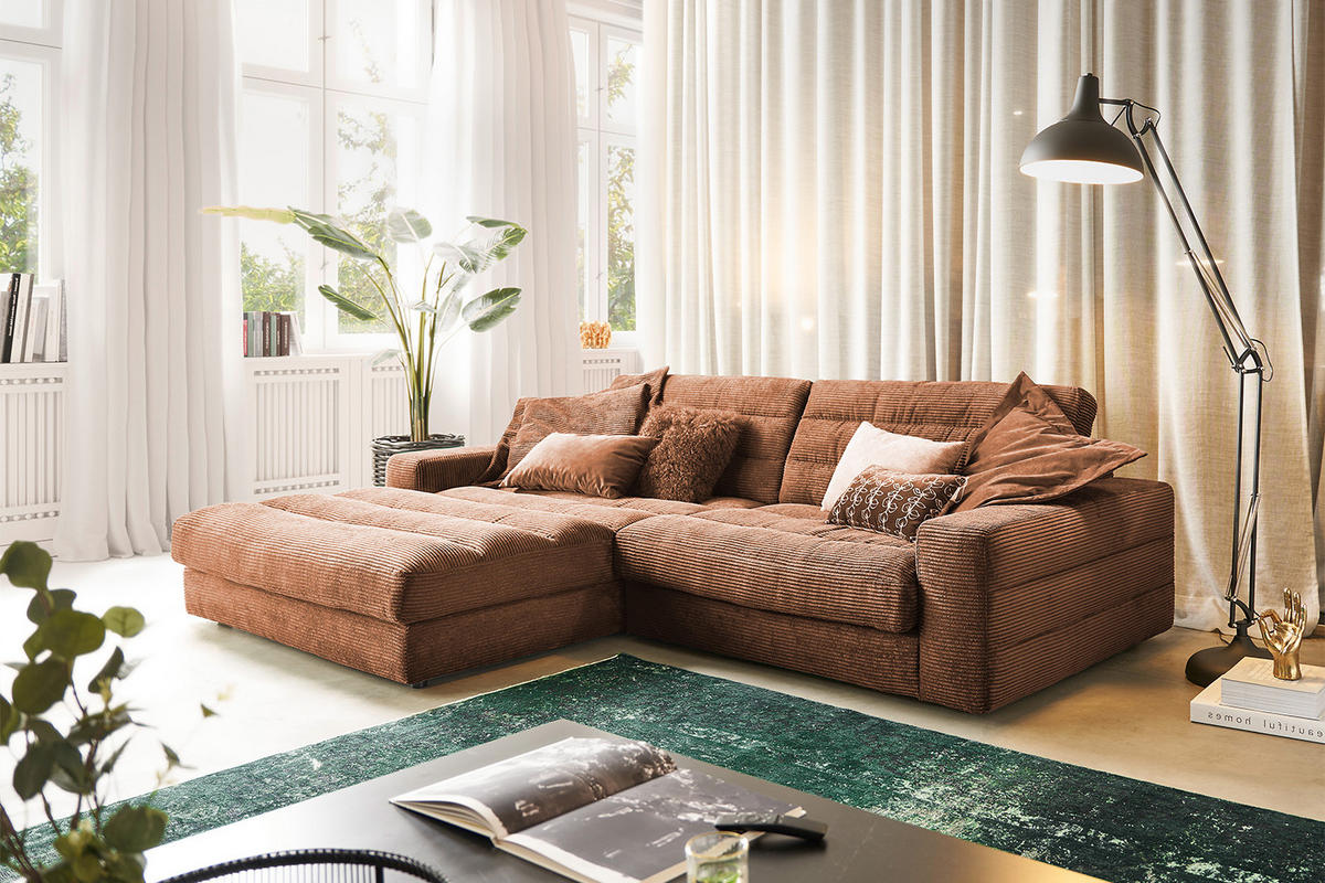 ECKSOFA LANA SOFA Braun Cord - Dunkelbraun/Schwarz, Textil (296/205cm) - KAWOLA