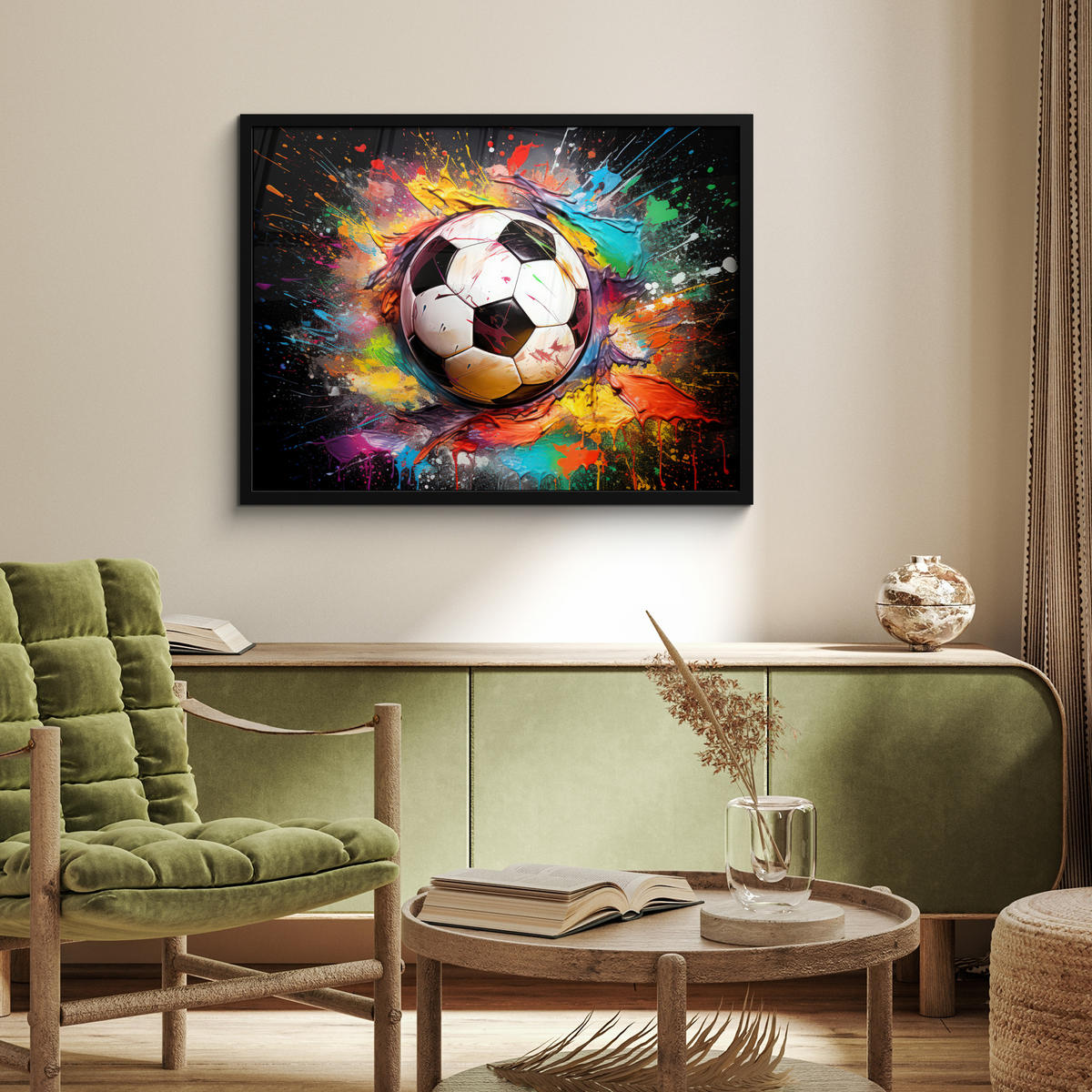 POSTER MIT RAHMEN Fußball - Farbe - Farben - Schwarz - Weiß 80x60 cm - Weiß, Papier (80/60cm) - MuchoWow