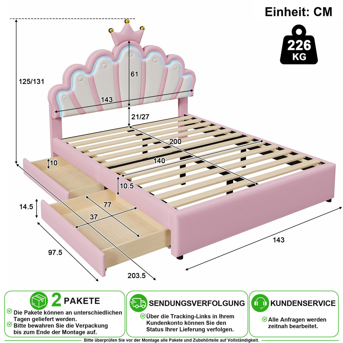 KINDERBETT 140/200 cm in Rosa mit 2 Schubladen, LED und verstellbarem Kopfteil - Rosa, Holzwerkstoff/Textil (140/200cm) - CHICFURN