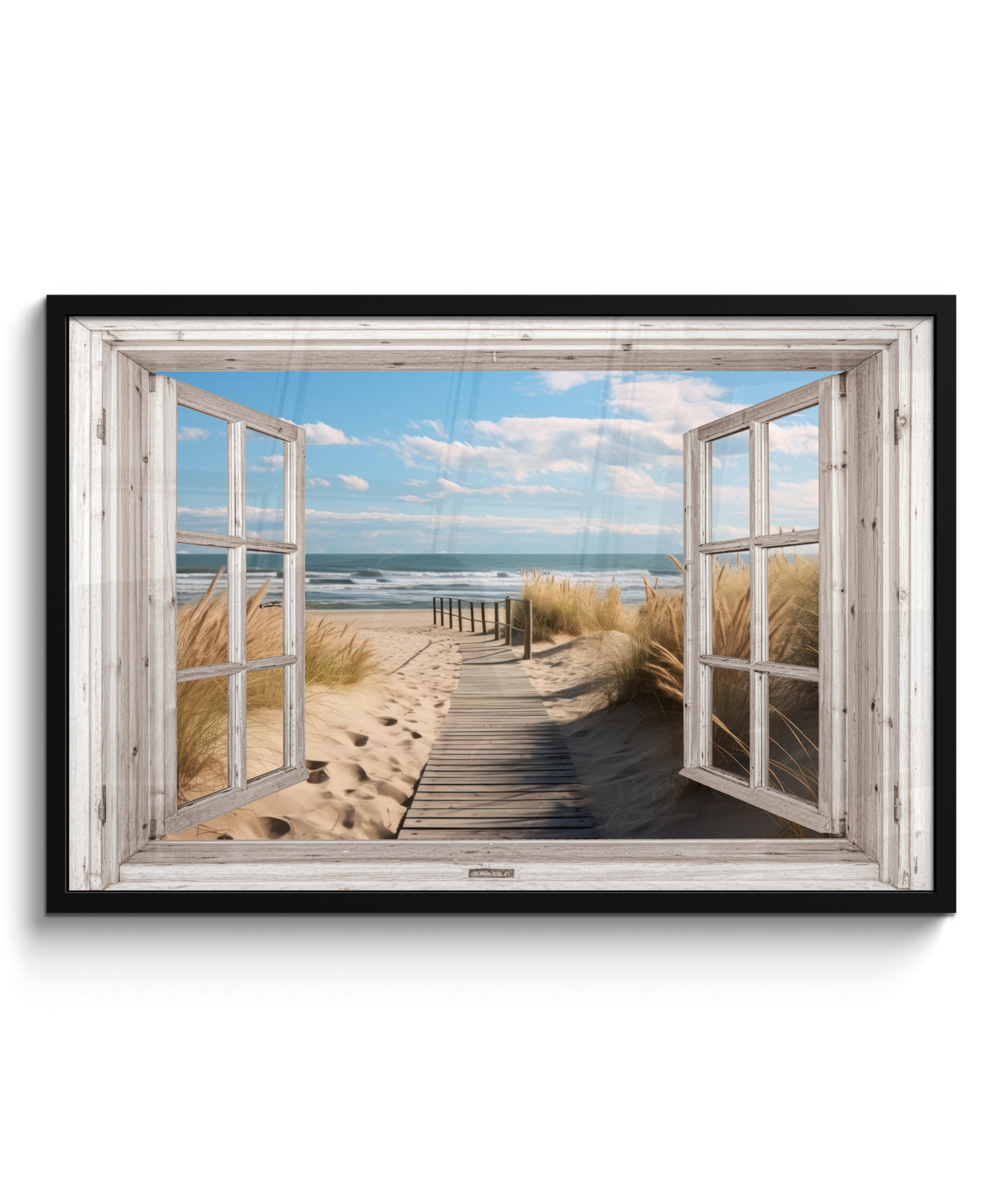 POSTER MIT RAHMENGERAHMTES BILD Fenster - Meer - Küste - Natur - Ausblick - Strand - Wattenmeer 90x60 cm - Beige, Papier (90/60cm) - MuchoWow