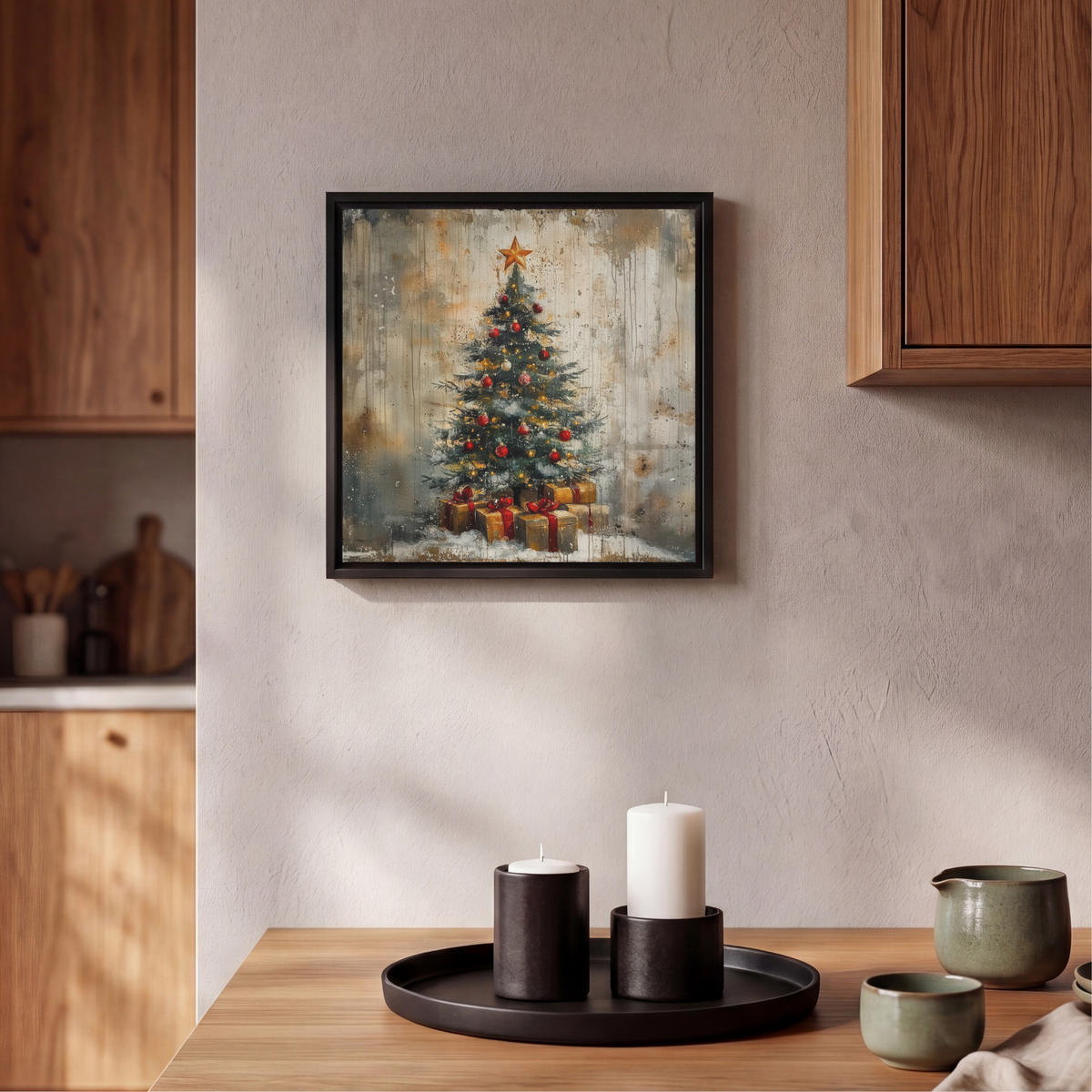 LEINWAND Bilder mit Rahmen - Weihnachtsbaum - Vintage - Weihnachten - Geschenk - 20x20 - Rostfarben, Textil (20/20cm) - MuchoWow