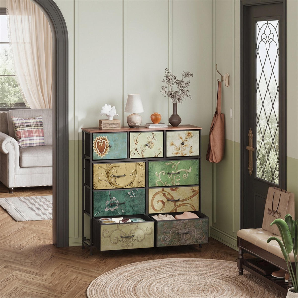 KOMMODE mit 9 Schubladen - bunte Vintage-Muster und nostalgische Griffe - Mehrfarbig - Multicolor, Metall (100/100/30cm) - DELFA