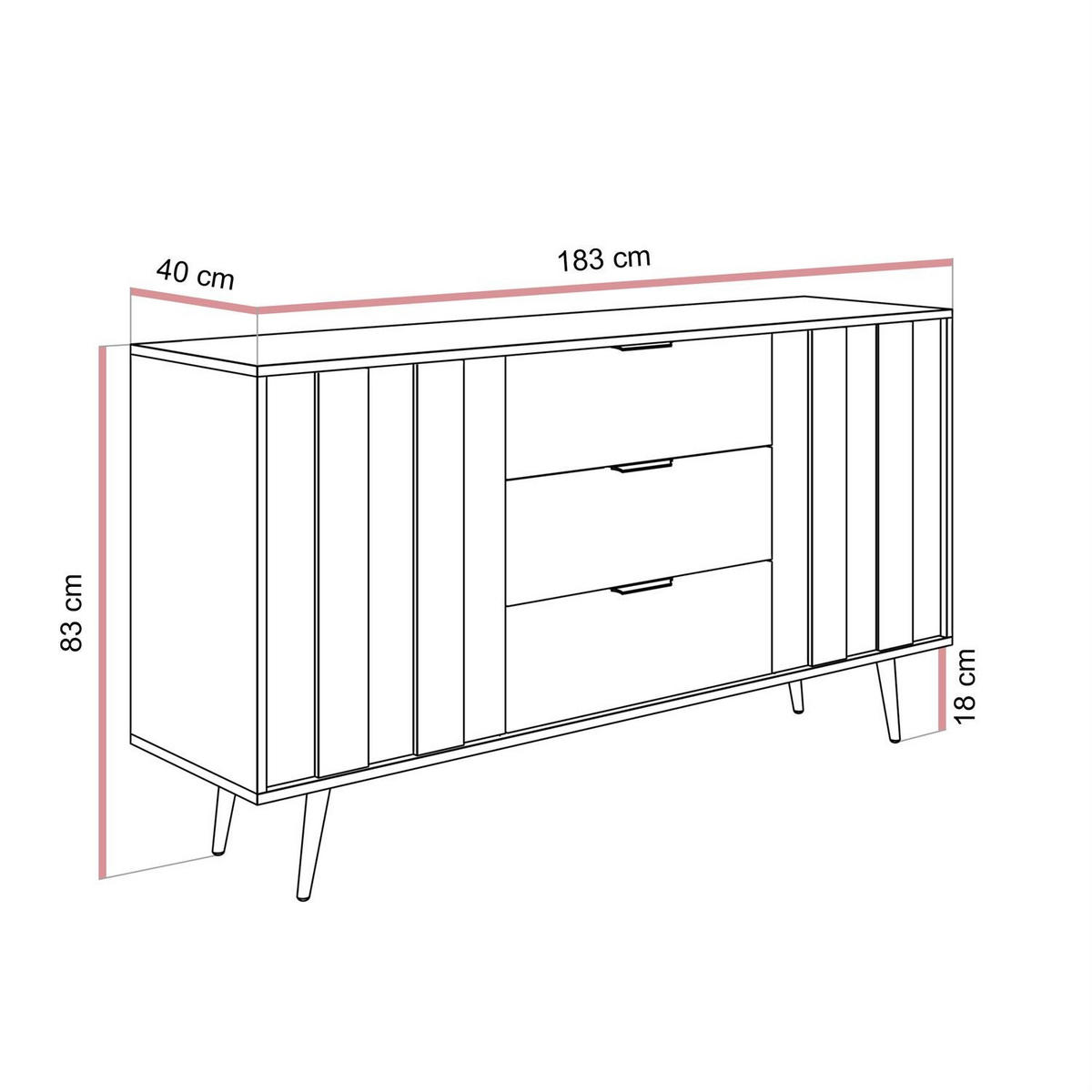 KOMMODE ALMA 2D3S mit LED-Beleuchtung - Eichefarben/Schwarz, Holzwerkstoff (183/88/40cm) - Lookway