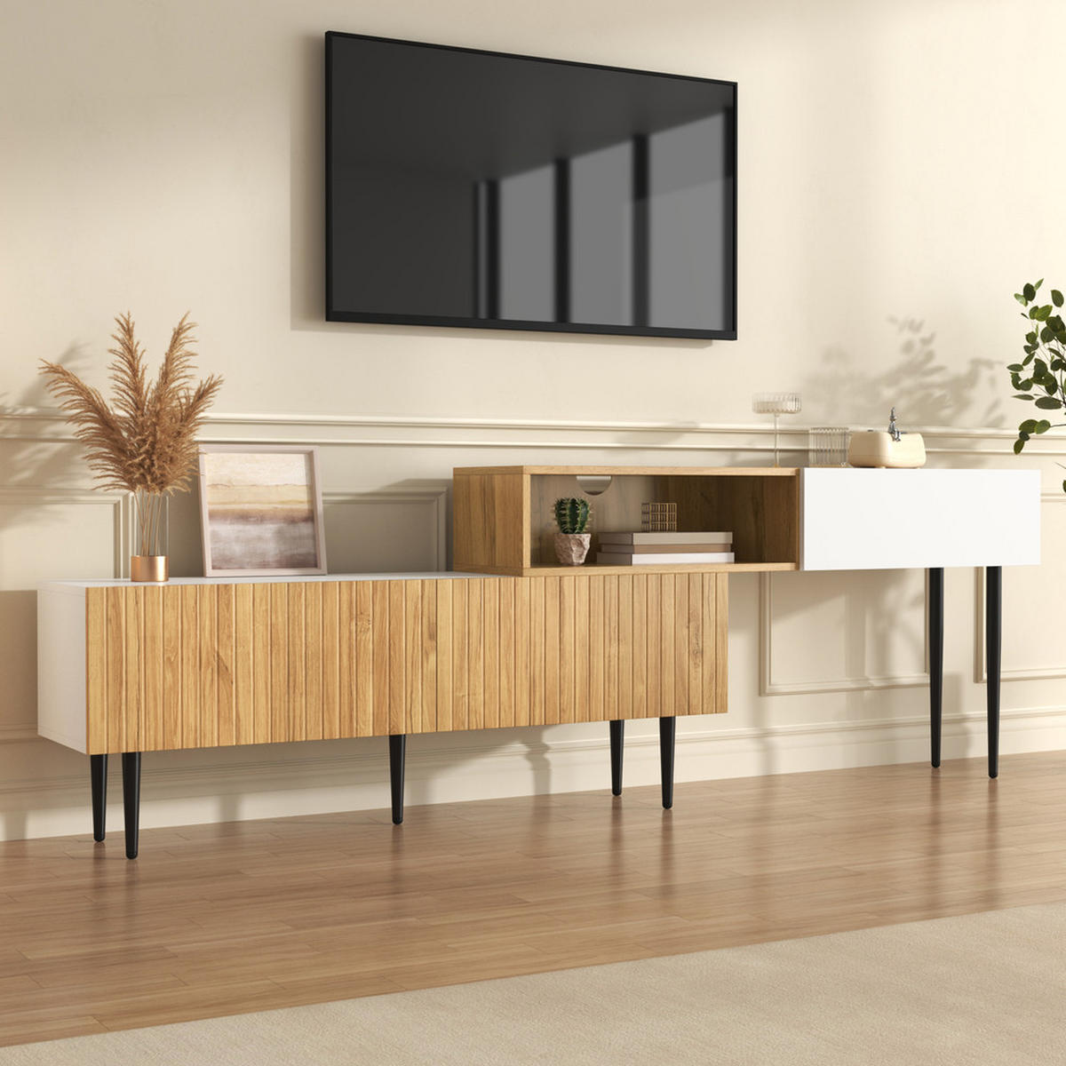 TV Schrank Moderner verstellbar 2 teiliges Design Holzoptik - Weiß, Holz (38.1/63.4/133.35cm) - FLIEKS