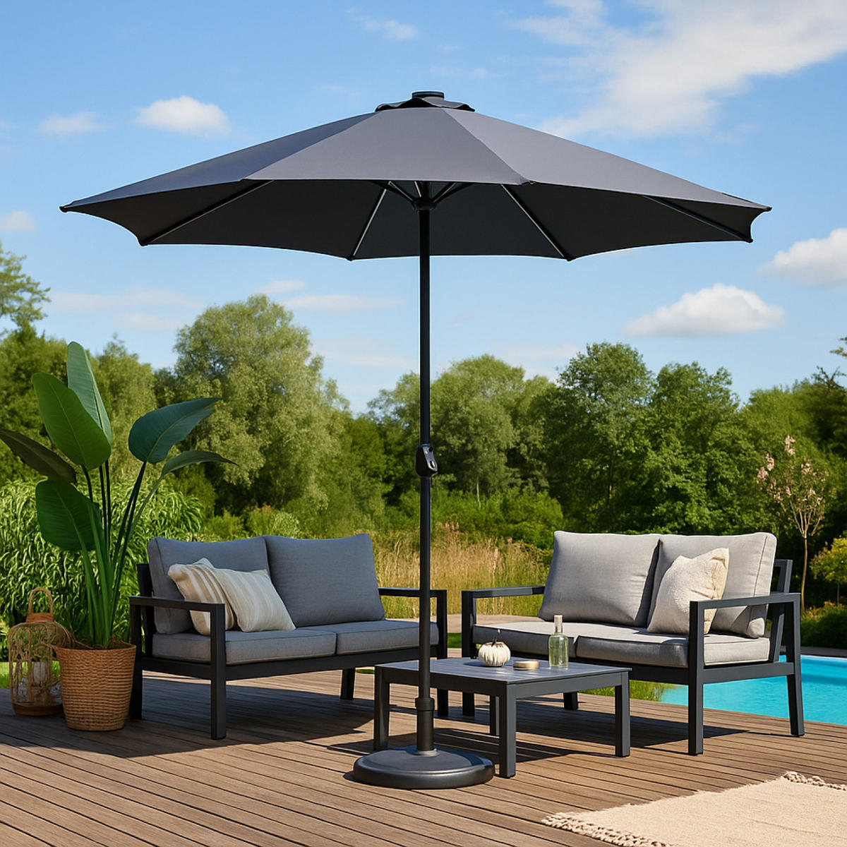 SONNENSCHIRM manarola grau rund 2 92 x 2 92 cm gerade led - Grau, Metall (292/292cm) - Concept Usine